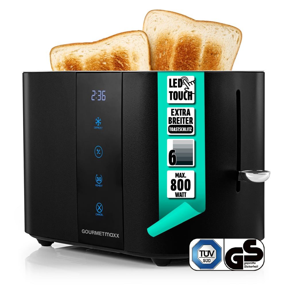 GOURMETmaxx Toaster Toaster 2 Scheiben Kurzschlitz mit Touch-Display, 800 W, 800W schwarz, 6 Bräunungsgrade, Touchscreen, Brötchenaufsatz