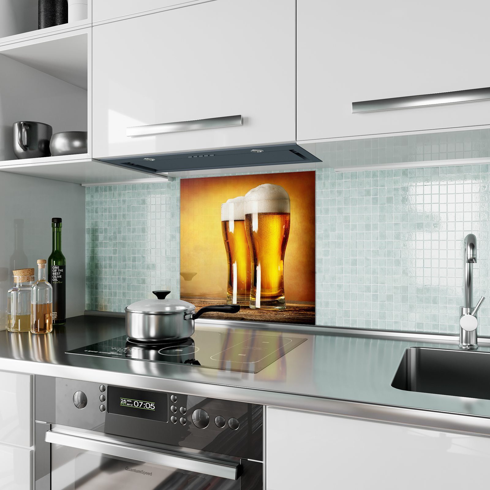 Küchenrückwand Primedeco Bier Spritzschutz Glas Holztisch auf Helles