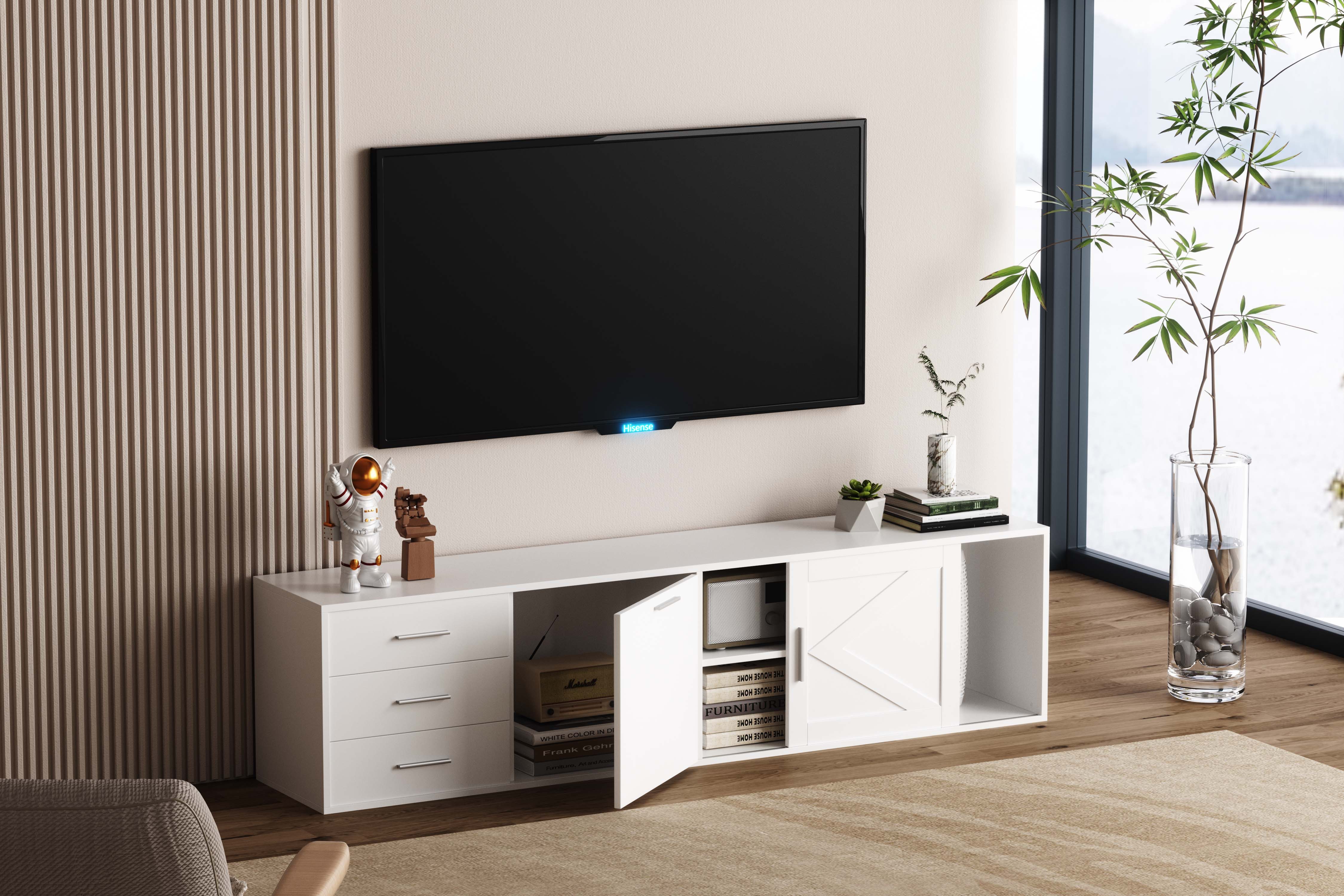 HOMAVO Lowboard TVG1 mit 3 Schubladen & Schiebetür, 160 - 180 cm (FSC®, viel Stauraum, pflegeleicht), Bodenstehendes TV-Lowboard mit Stauraum