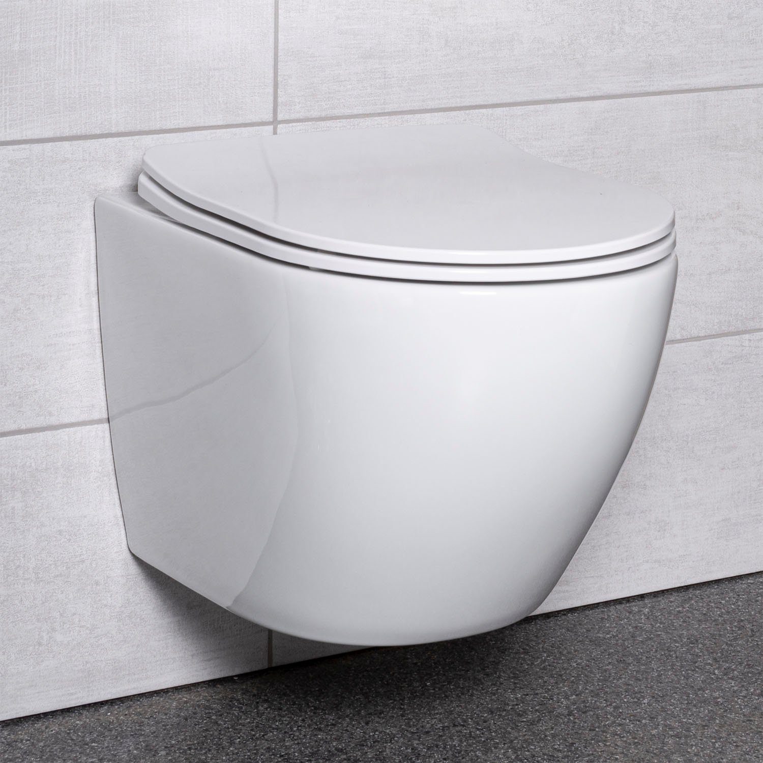 Soft-close und Wand-WC Tiefspül-WC mit Schallschutzmatte KOLMAN Sitz WC- Weiß, Slim Delos, Spülrandlos