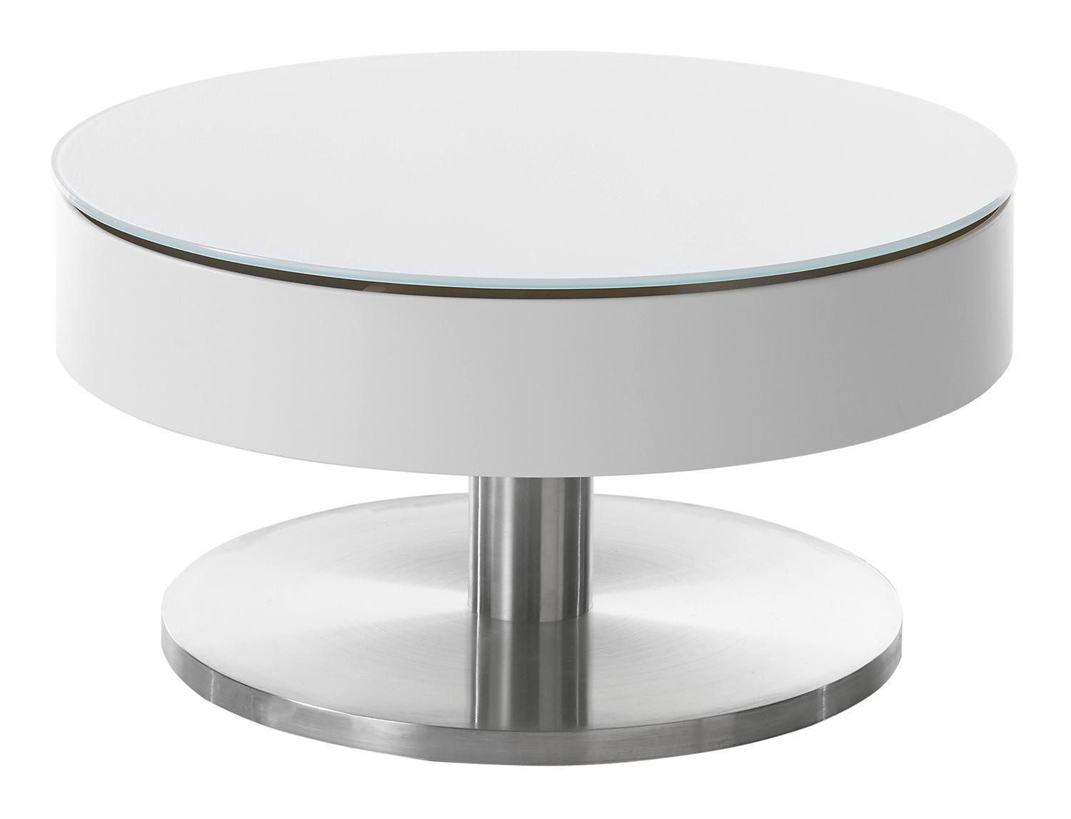 Couchtisch SUVA, Edelstahlfarben, Weiß, MDF, Metall, Tischplatte aus Glas, drehbare Deckplatte, Ø 79 x H 40 cm