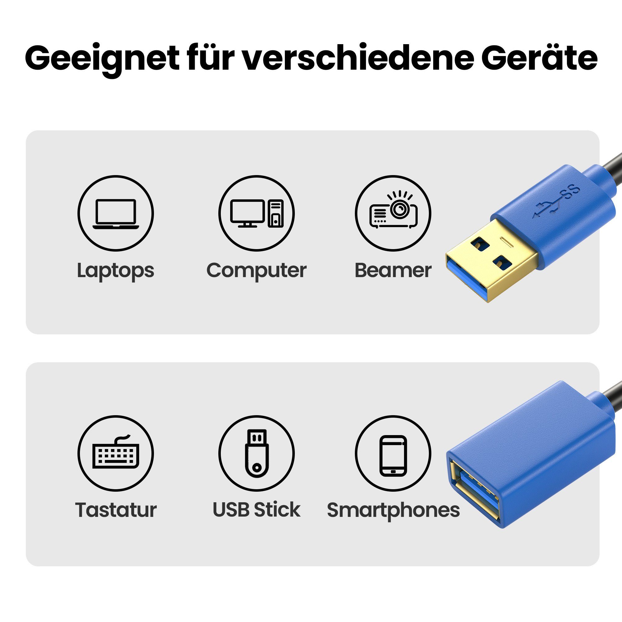 JAMEGA USB 3.0 Verlängerungskabel, USB-A Stecker zu USB-A Buchse Erweiterung USB-Kabel, USB, USB A (50 cm)