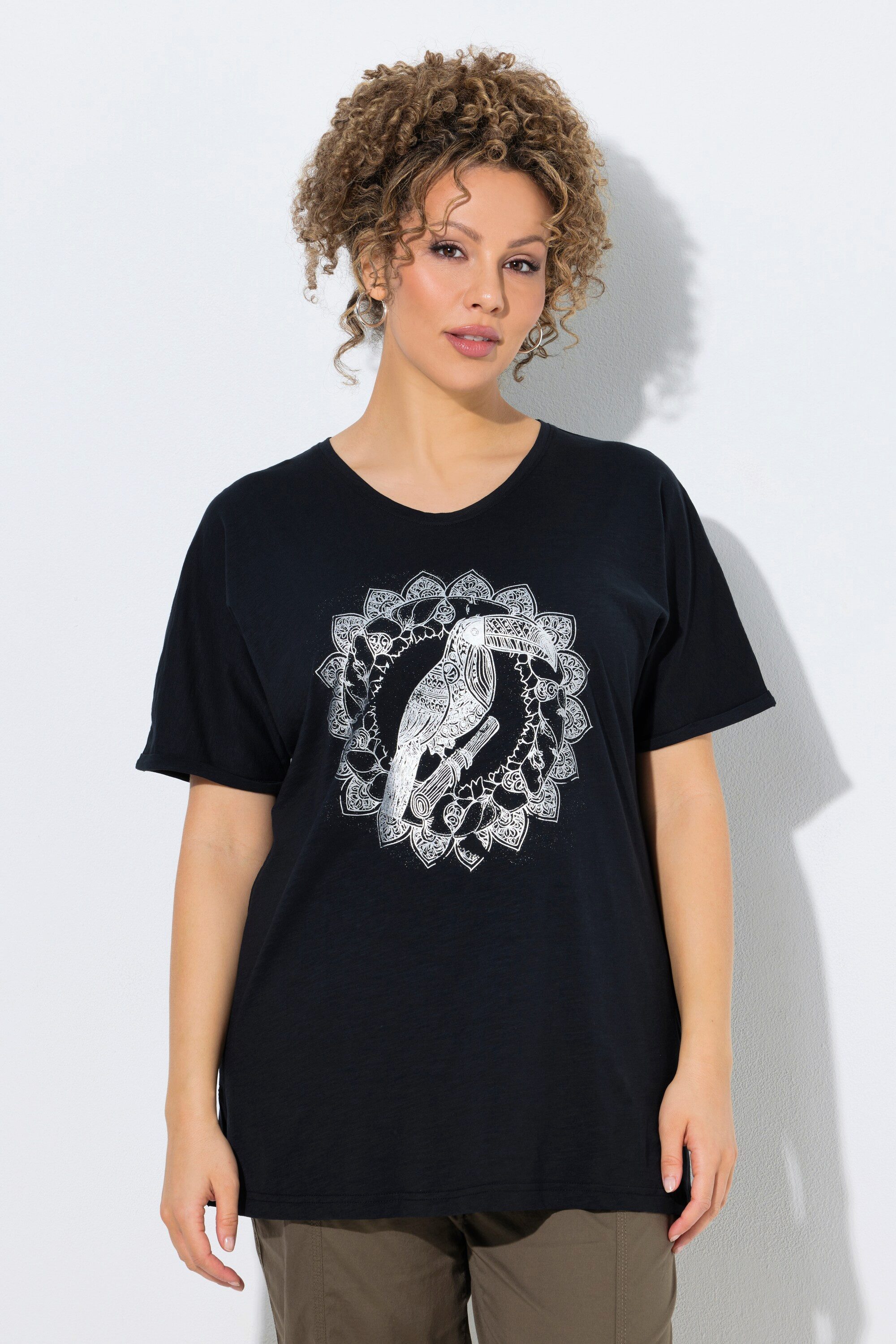 Ulla Popken T-Shirt T-Shirt Metallic-Tiermandala V-Ausschnitt Halbarm günstig online kaufen