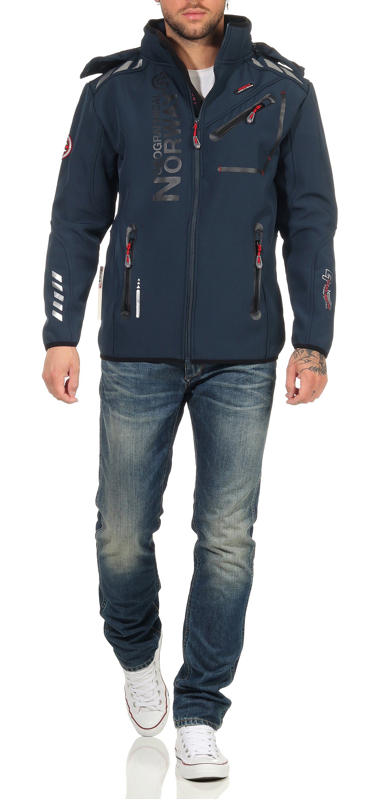 Geographical Norway Softshelljacke Kapuze, mit Geographical Windbreaker, Navy Softshelljacke by Herren Jacke G-River Norway Sport Wander abnehmbarer Schwarz / Übergangsjacke, leyoley