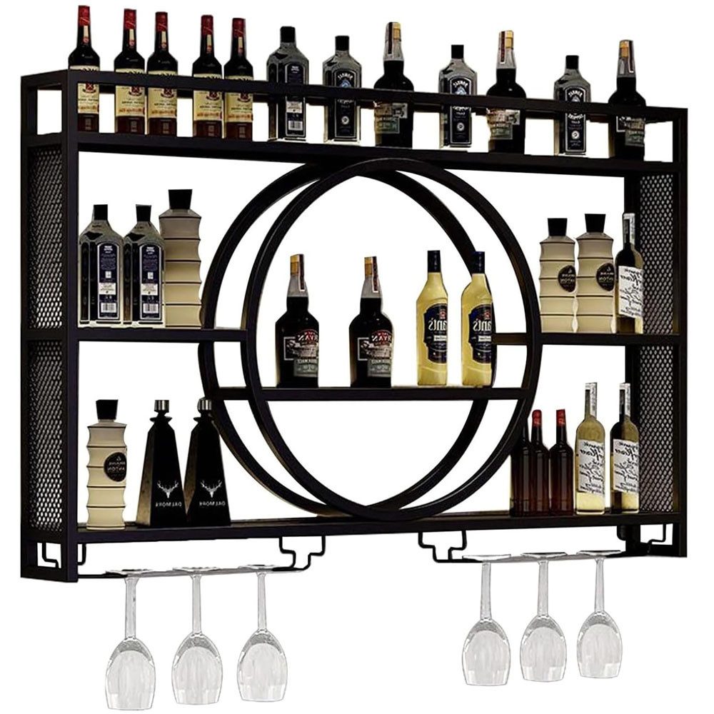 TUWENA Weinregal Weinregal Metall, Wandmontage 3-stöckiges Barregal, schwebende Regal, Küchenaufbewahrung mit Weinglashalter, für Küche, Esszimmer, Bar, Deko