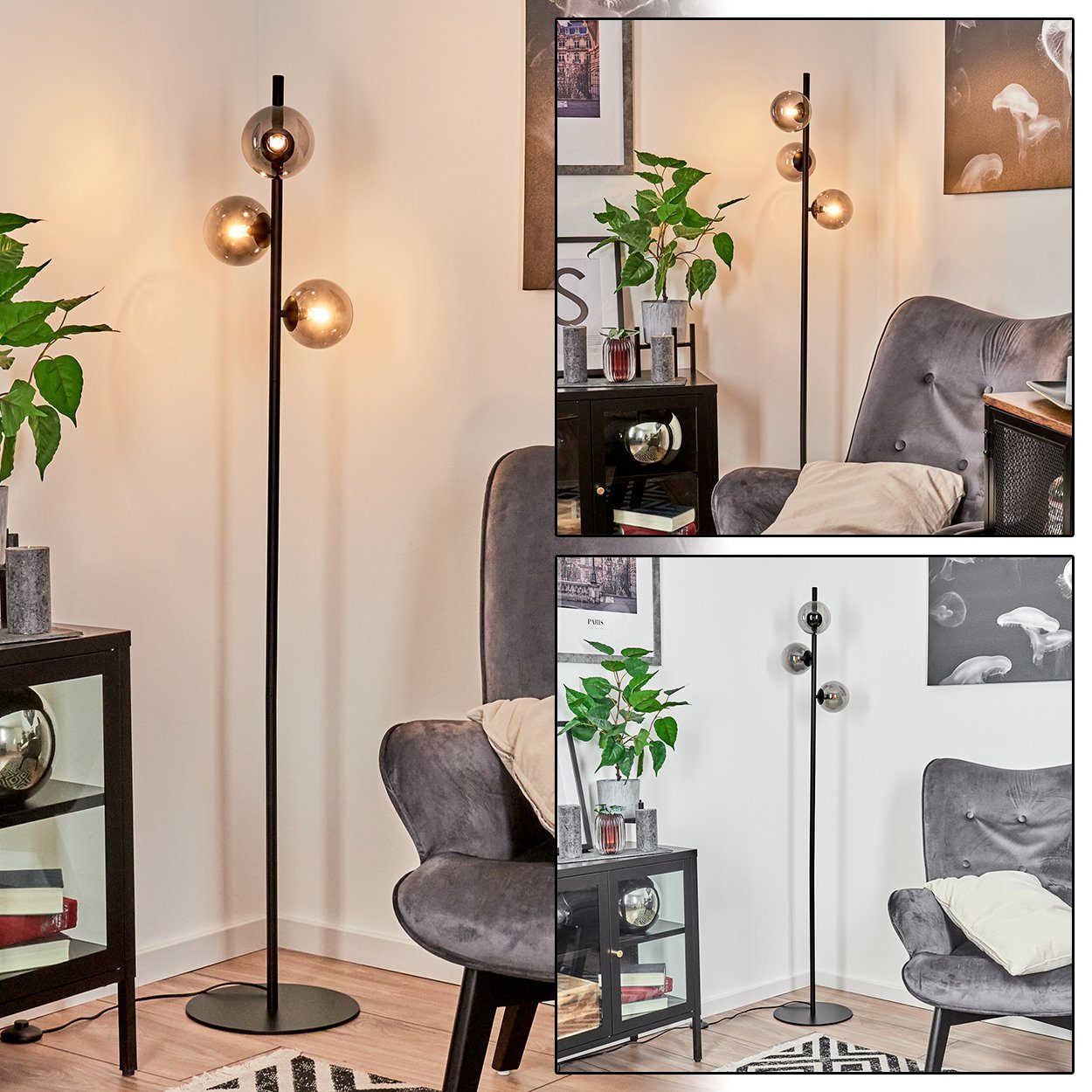 hofstein Pollerleuchte moderne Stehlampe aus Metall/Glas in Schwarz/Rauchglas, ohne Leuchtmittel, Standleuchte, Glasschrime Ø12cm, Fußschalter, 3x G9, ohne Leuchtmittel