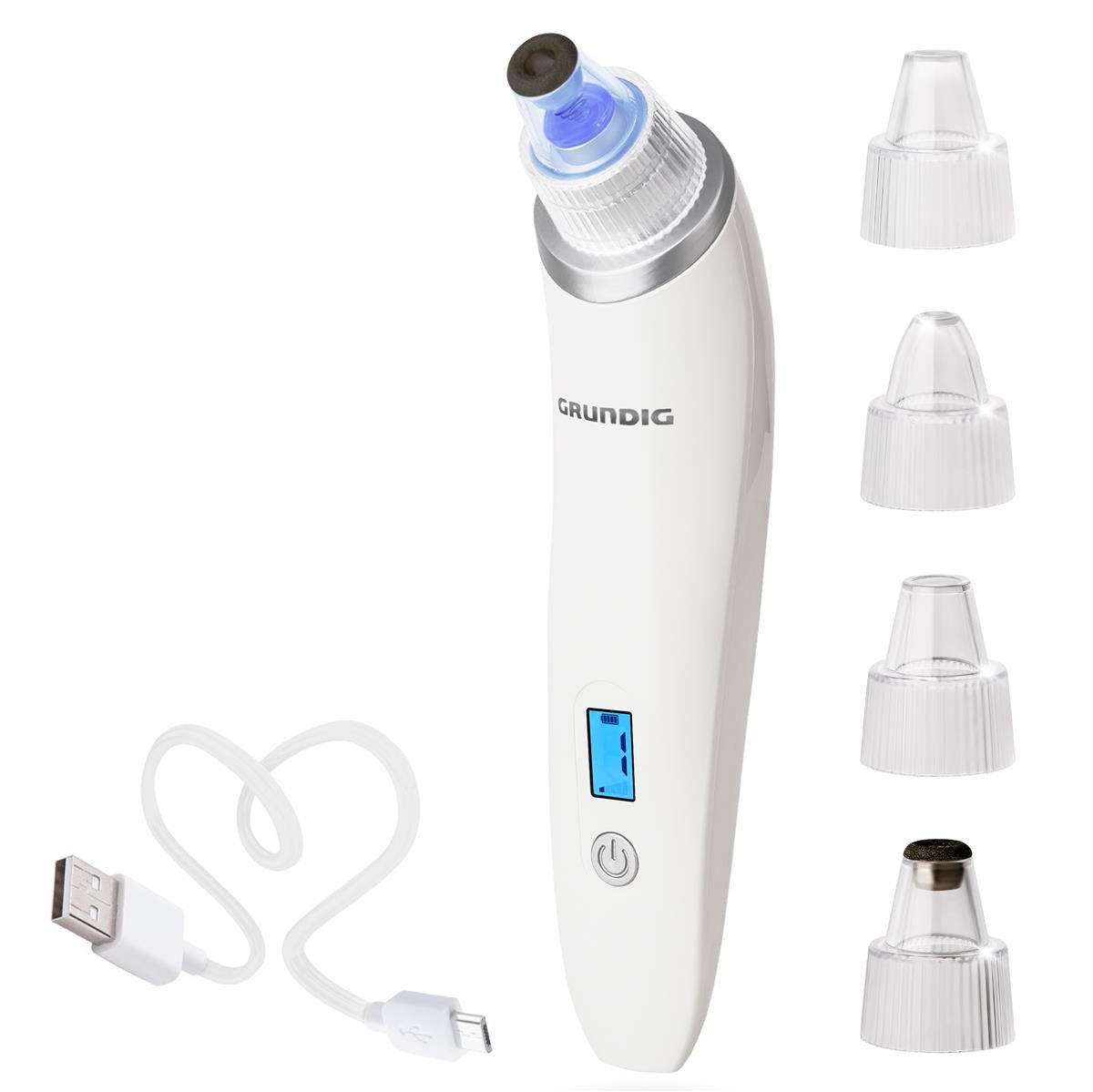 Grundig Porenreiniger Mitesserentferner Blackhead Remover Pflege, Akku Porensauger mit 5 Wirkstufen, Hygienefilter 4 Sauger