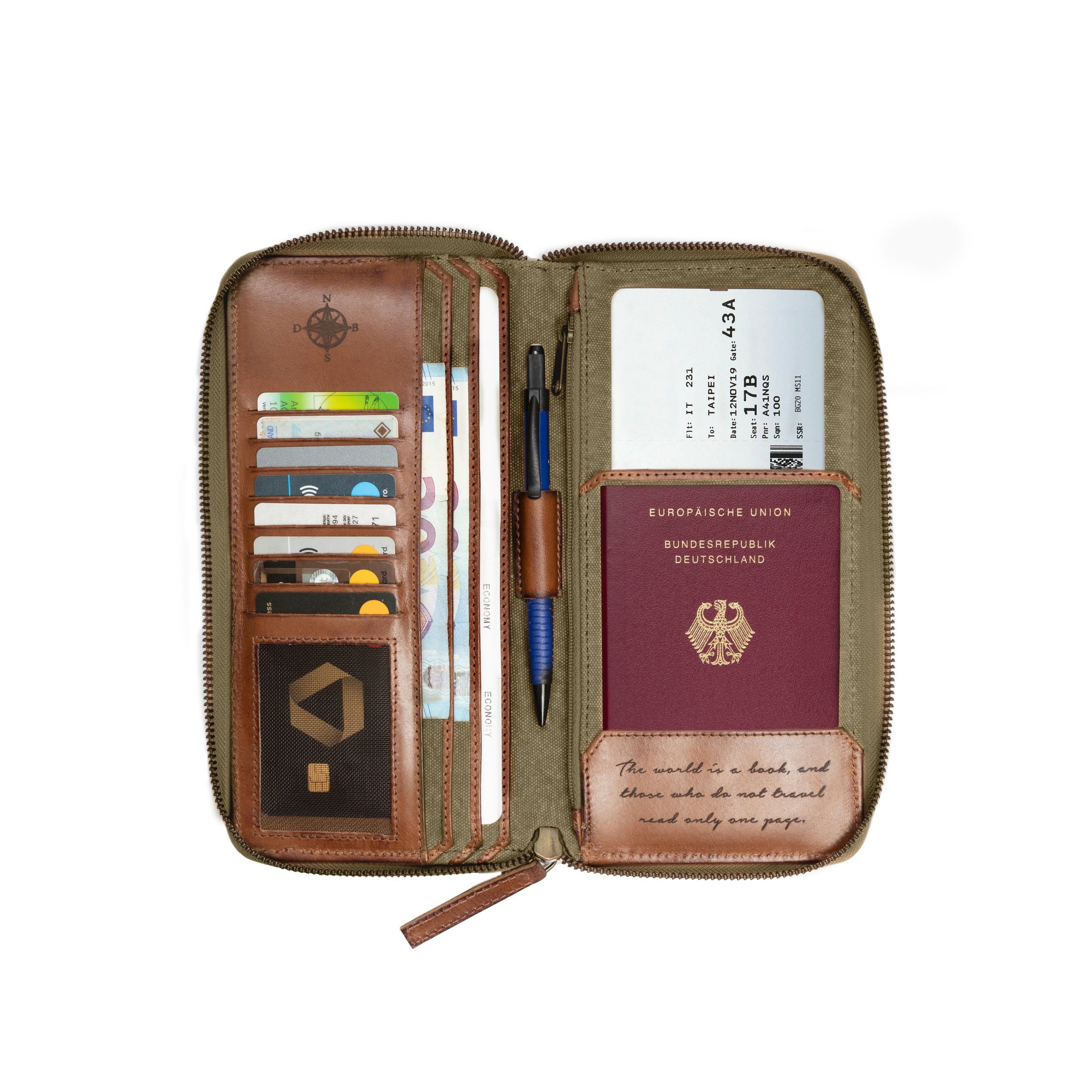 mit und Oliv-Grün, Canvas große Reise-Organizer Brieftasche aus Schutz DRAKENSBERG Reisegeldbeutel RFID Reisebrieftasche »Travis«