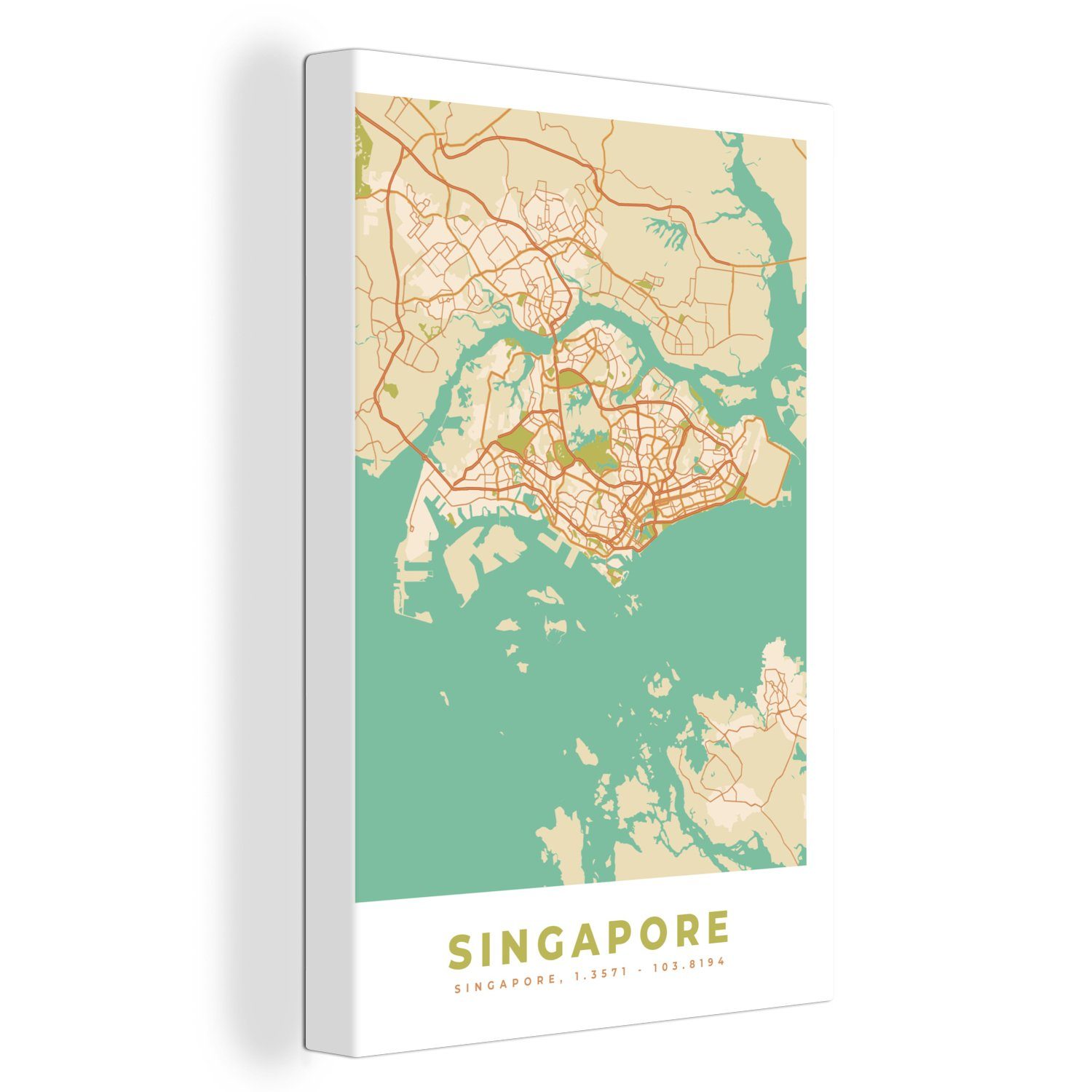 OneMillionCanvasses® Leinwandbild Singapur - Karte - Stadtplan - Vintage - Karte, (1 St), Leinwandbild fertig bespannt inkl. Zackenaufhänger, Gemälde, 20x30 cm