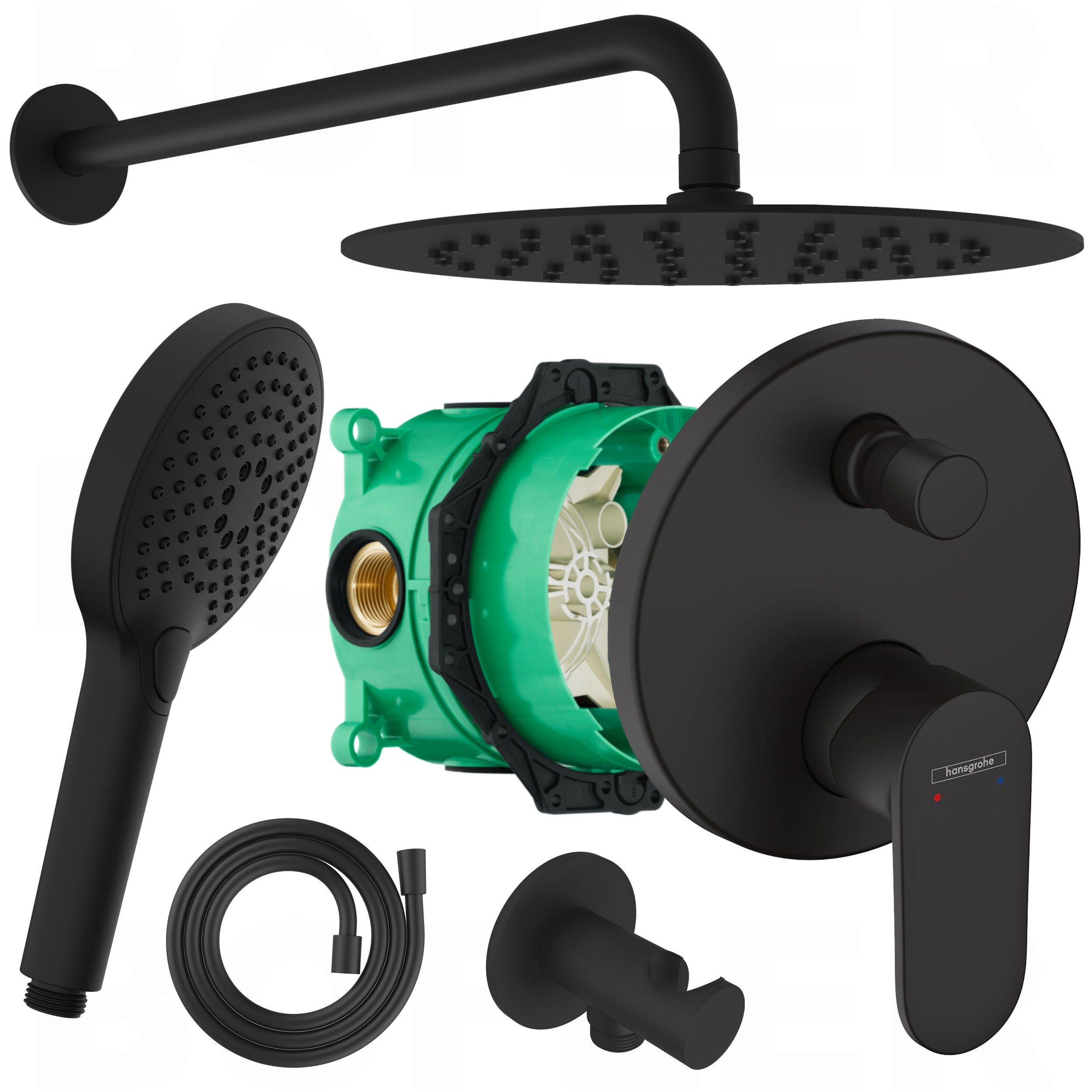 Hansgrohe und Bofler Duscharmatur Hansgrohe Vernis Blend Unterputz Armatur für 2 Verbraucher + IBOX 1 (Duschsystem, Duschanlage, Duschset, inkl. BOFLER Duschset #43, Brauseset, Regendusche Ø20cm, Wandarm) matt schwarz, Wassersparende Regendusche