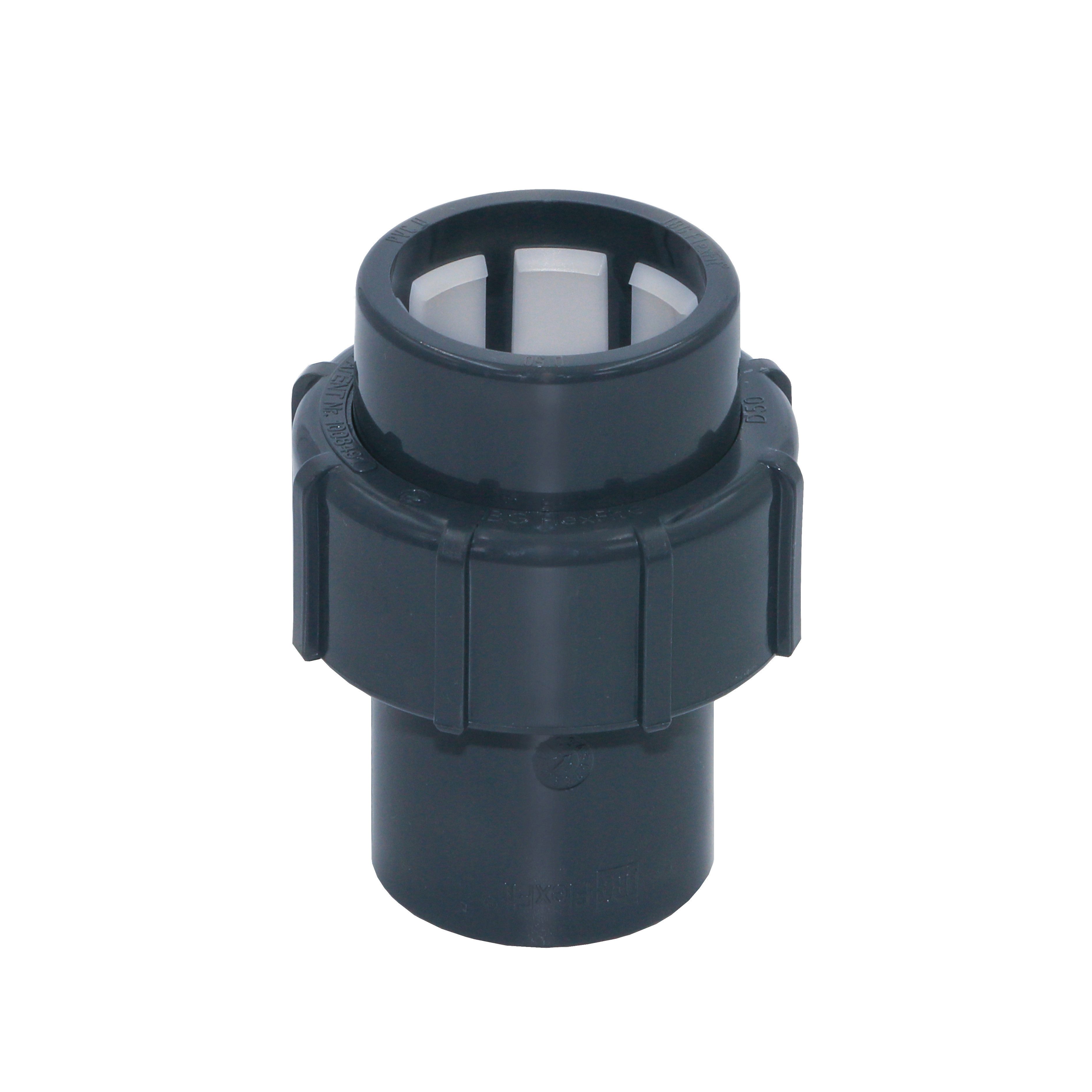 HAF Schlauchverbinder HAF PVC Flexfit Übergangsverschraubung 2x 50mm Klemm x Klebemuffe PN4, (Max. Betriebsdruck 4 Bar (PN4), Für Verbindung von flexiblem Klebeschlauch), Klemmverbinder aus grauem PVC-U