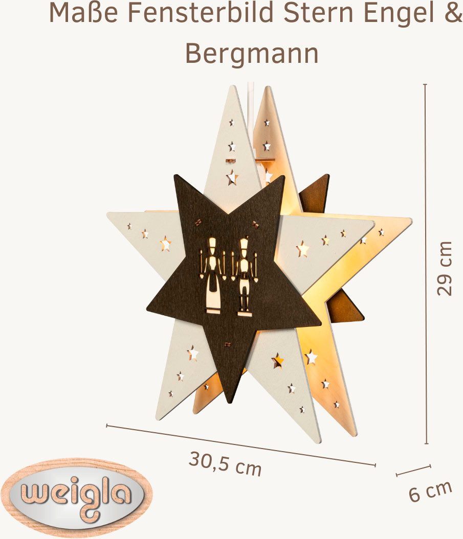 Weigla Dekostern LED Engel und Bergmannn, Fensterbild, WEIẞ-BRAUN, Made in Germany, 1 St., Erzgebirge garantiert, Weihnachtsdeko Innen, Weihnachtsbeleuchtung
