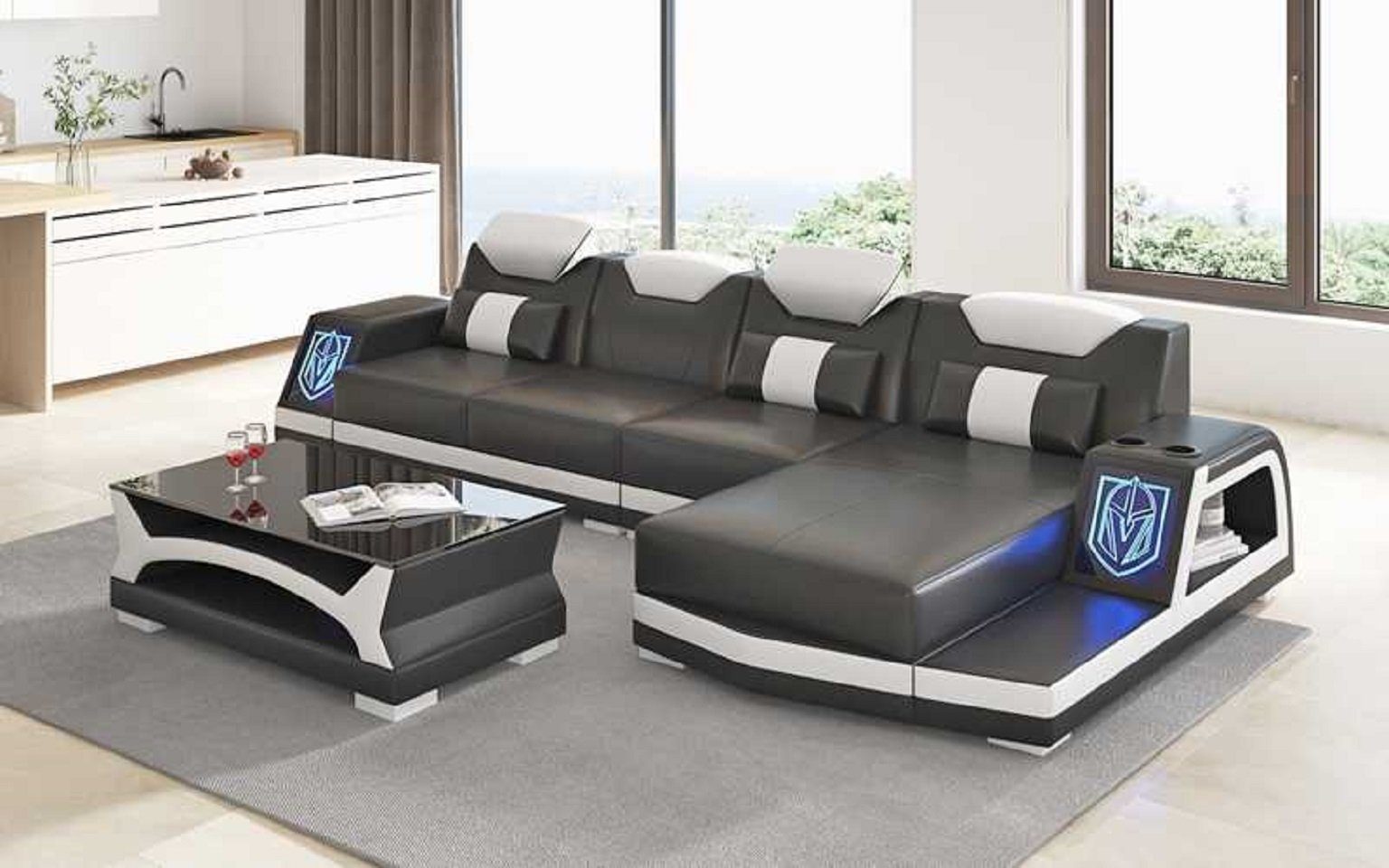 LED L Eckgarnitur, Moderne Sofa Luxus Mit Teile, JVmoebel Ecksofa Couch LED Ecksofa Schwarz Mit Form 3