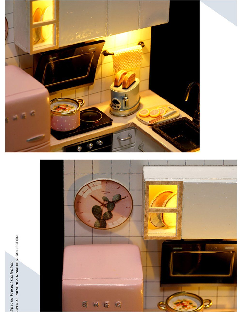 Küche, 1:24, zum Szenen Puzzleteile, 3D-Puzzle, basteln-Serie-Mini hölzernes Modellbausatz Cute Mini Puppenhaus Room mit Möbeln DIY Miniaturhaus Miniatur 3D-Puzzle