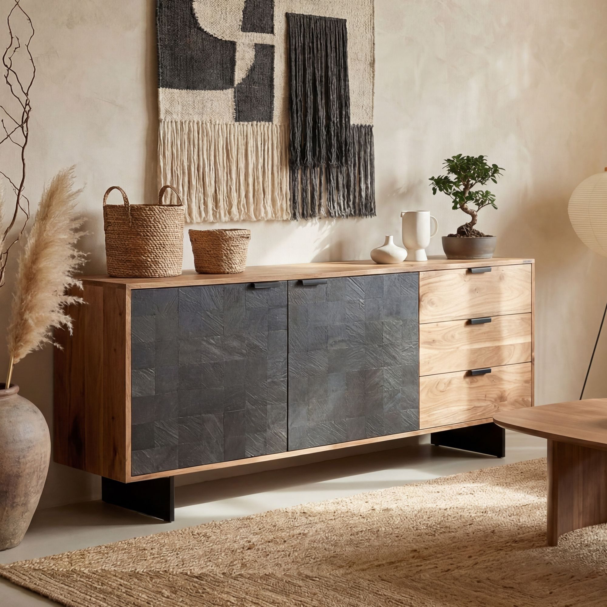 FINEBUY Sideboard FB109846 175 cm Massivholz Steinoptik Kommode Anrichte Türen (175 cm Massivholz Braun, Kommode Steinoptik), Anrichte Modern, Standschrank Türen & Schubladen