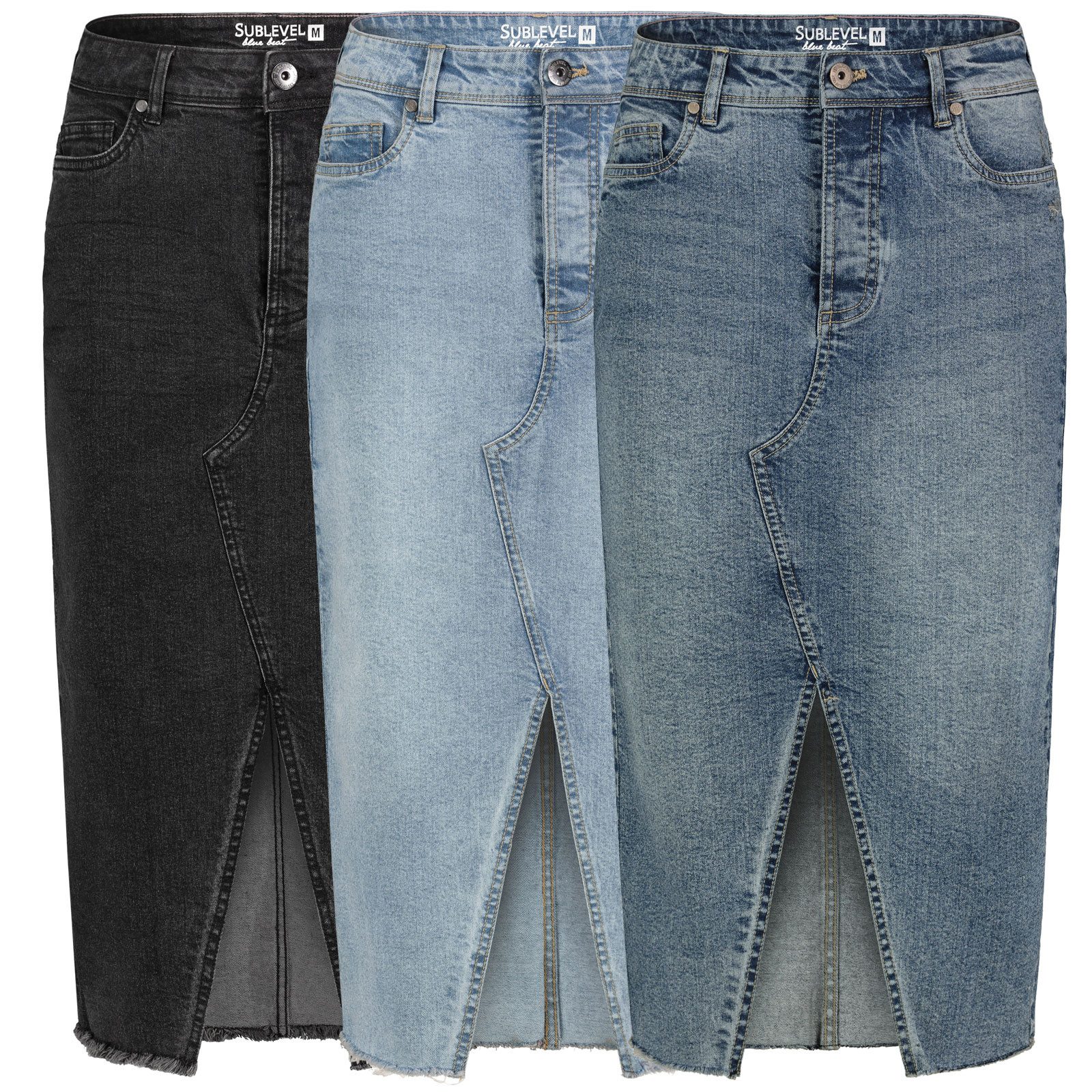 SUBLEVEL Jeansrock Damen Jeans rock Rock MAXI Lange Rock Denim Stretch Vintage Used-Look