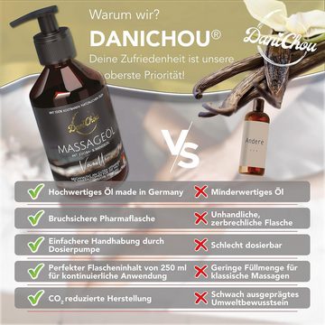 DaniChou Massageöl Vanille - Natürliches Massageöl mit Jojobaöl & Mandelöl 250 ml, 1-tlg., Wellness-Duft: Hautpflege, Stressfrei, ohne Paraffine/Farbstoffe