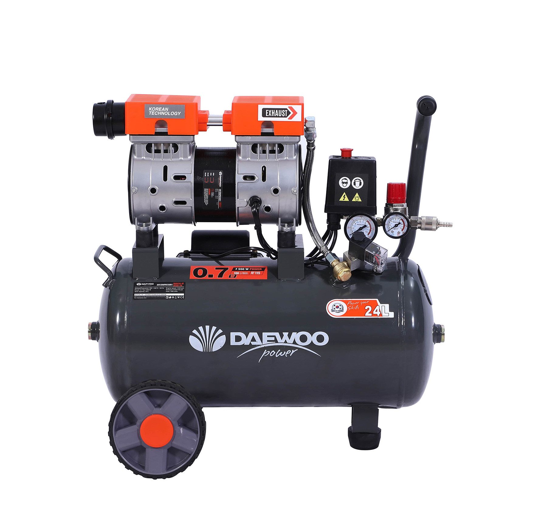 Daewoo Power Products Kompressor DAEWOO Ölfreier lautloser Kompressor 24L DAAX24L, max. 8 bar, ölfrei und lautlos