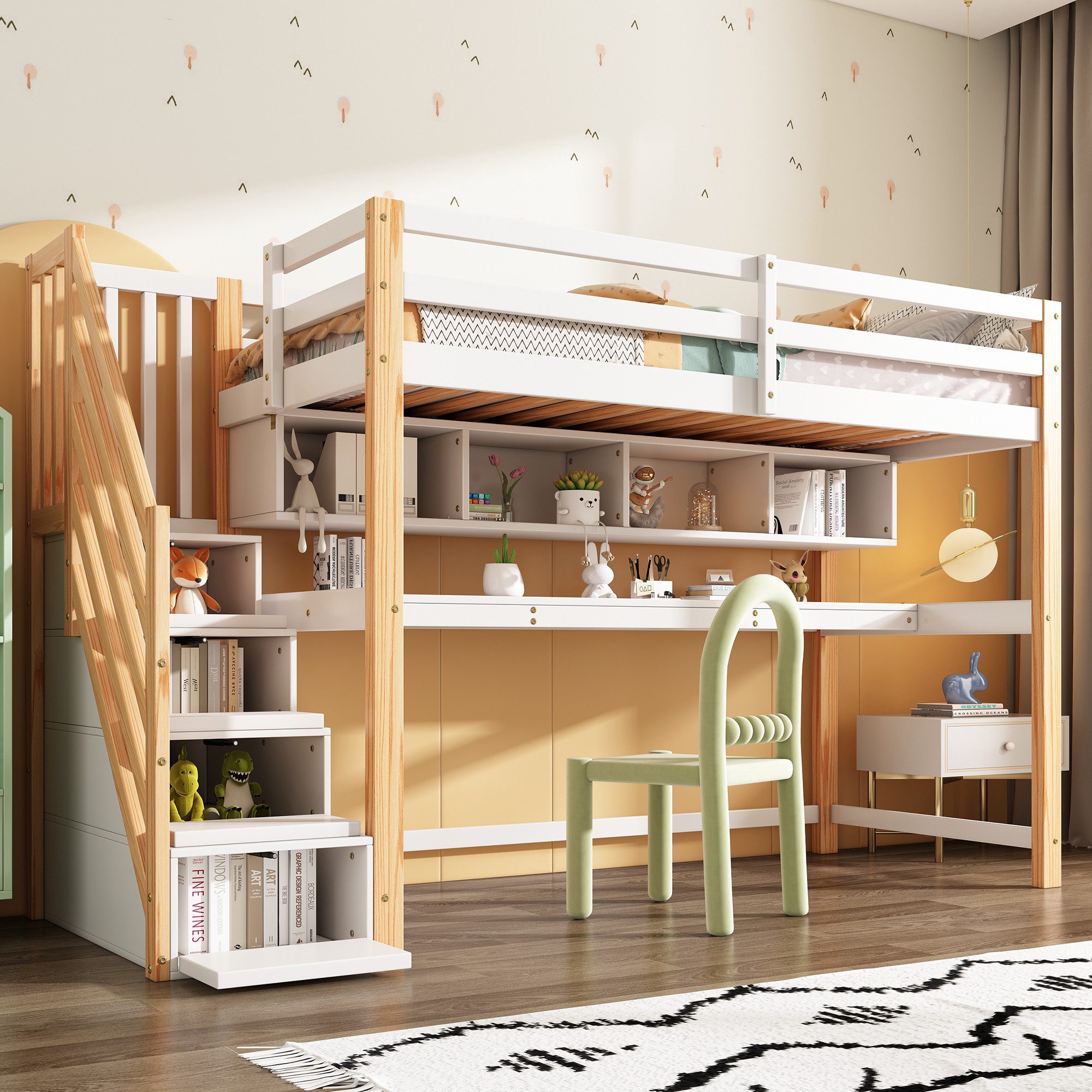 Odikalo Kinderbett Hochbett Stauraum Treppe Kiefernholz Schreibtisch Regale günstig online kaufen