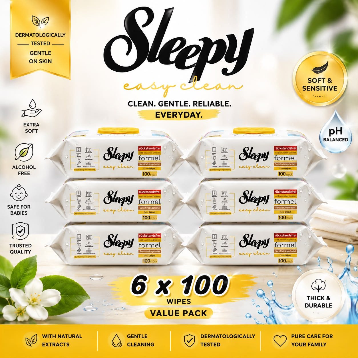 Sleepy Sleepy Oberflächen-Reinigungstücher White Soap – 6 × 100 Tücher-Gelb Reinigungstücher