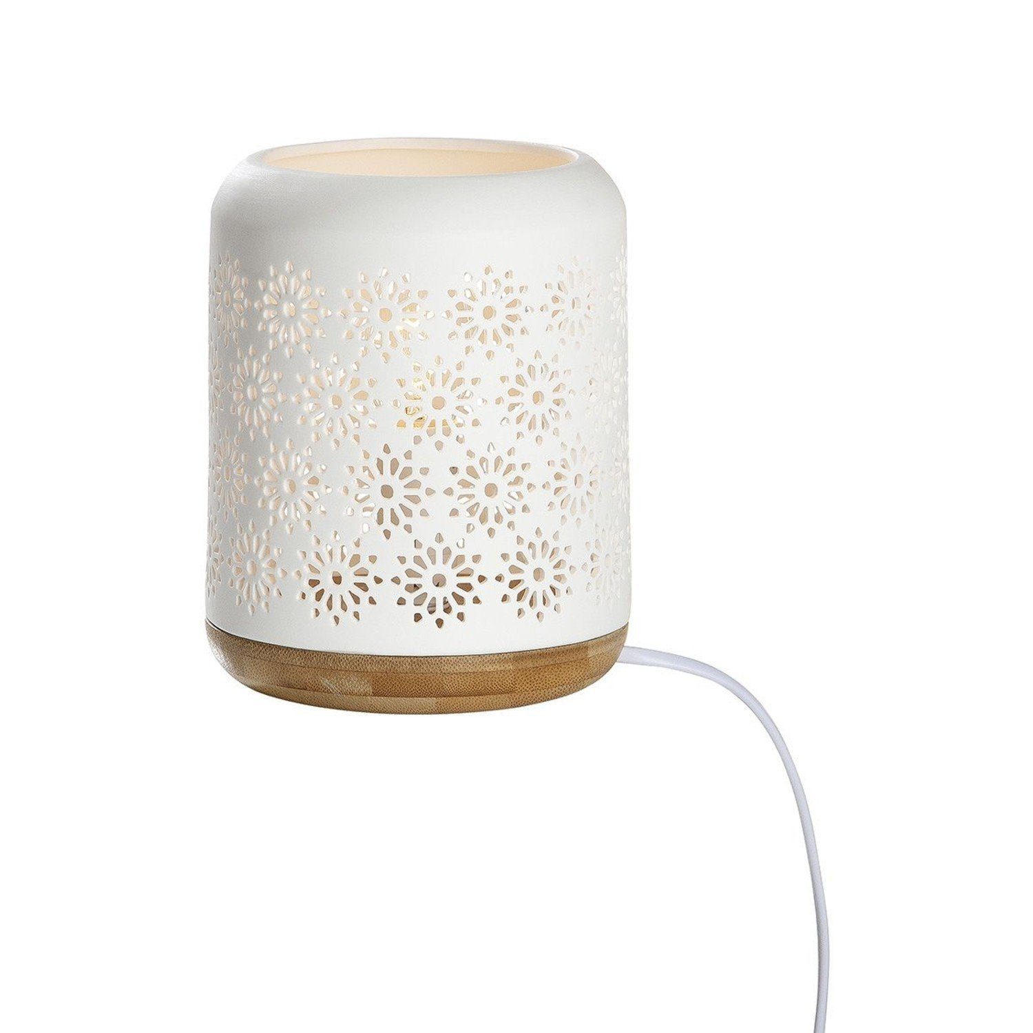 GILDE Tischleuchte Porzellan Lampe Blume weiß / Sockel in Holzoptik