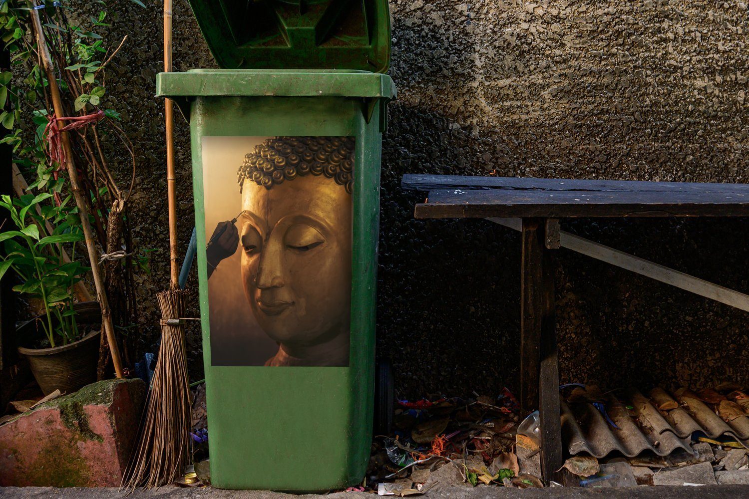 (1 Mülleimer-aufkleber, Buddhakopf Mülltonne, Künstler Abfalbehälter fertigt an Bhutan St), Wandsticker Sticker, in MuchoWow Container,