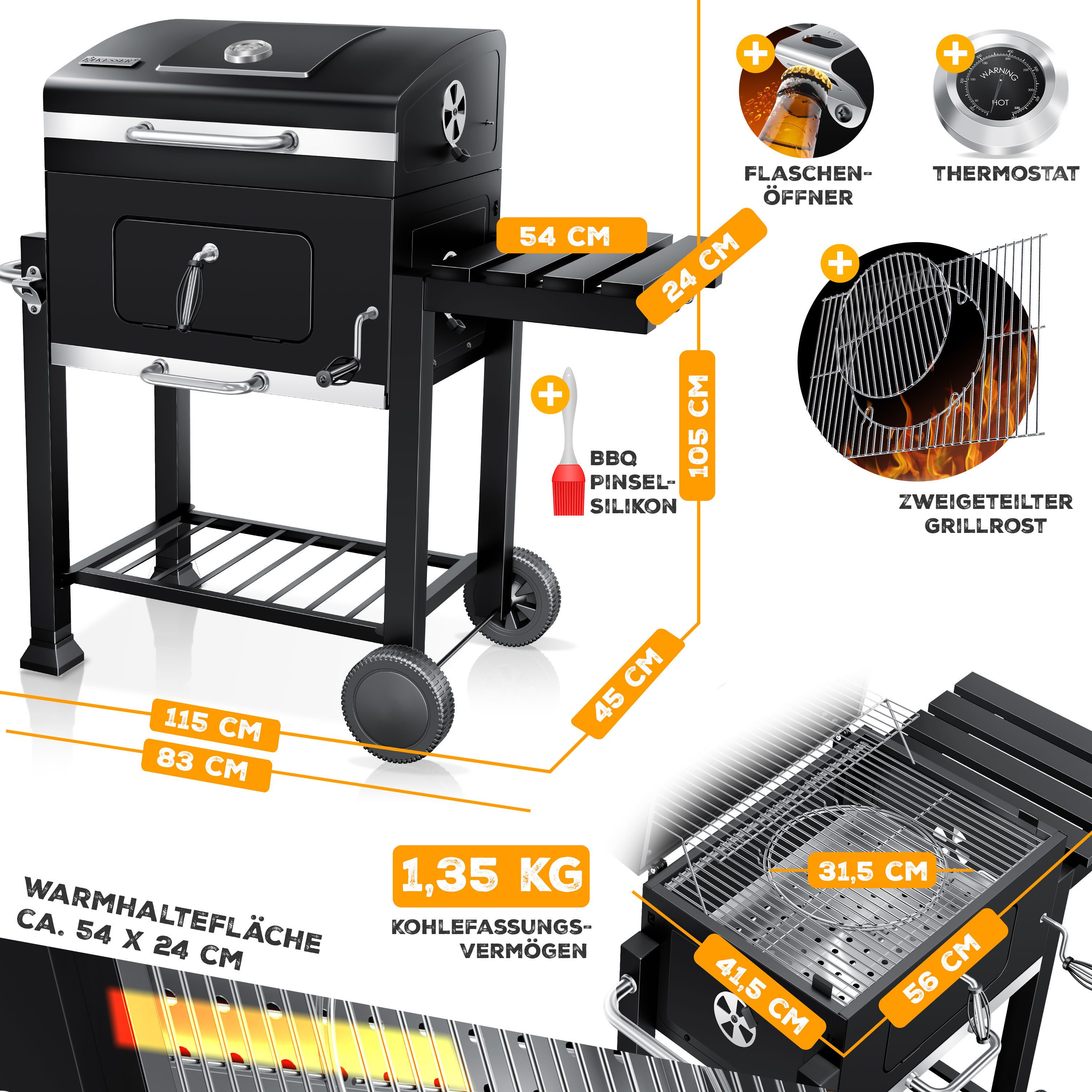 KESSER Holzkohlegrill Grill Grillwagen BBQ Smoker XL Holzkohlegrill mit Deckel, Rädern, Edelstahl-Griff, Grillrost und Thermometer Standgrill Kohlegrillwagen