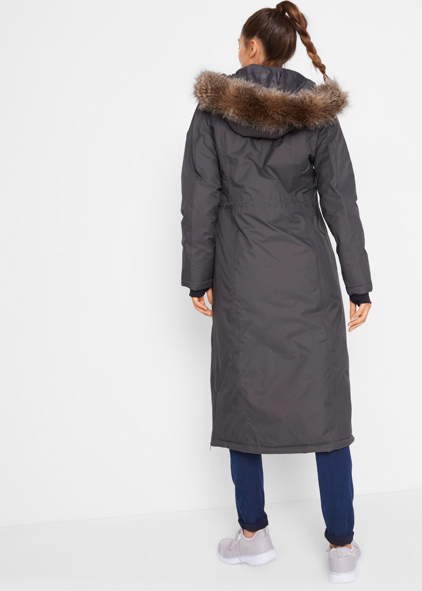 bonprix Wintermantel mit abnehmbarer Kapuze + Fellimitat, Daumenlöcher, Handy-Innentasche