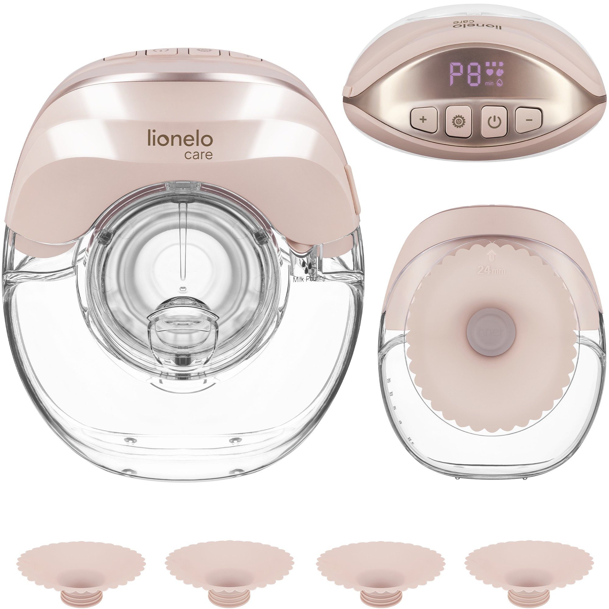 lionelo Elektrische Milchpumpe FIDI FREE SLIM, Set, Komplett-Set, 4 Trichtergrößen, 3-phasig/≤40 dB/214 g/150 ml/USB-C/4 Trichtergrößen