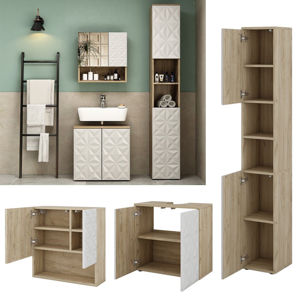 Vicco Badmöbel-Set Edge, Weiß/Eiche, 3 Teile, günstig online kaufen