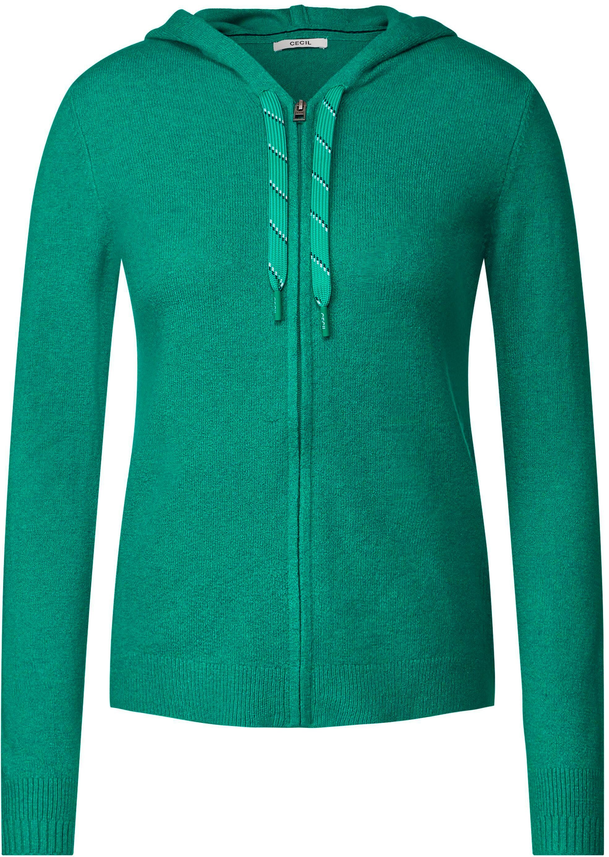 Cecil Strickjacke Cosy smaragd Zip mit melange green Cardigan Kapuze Reißverschluss und