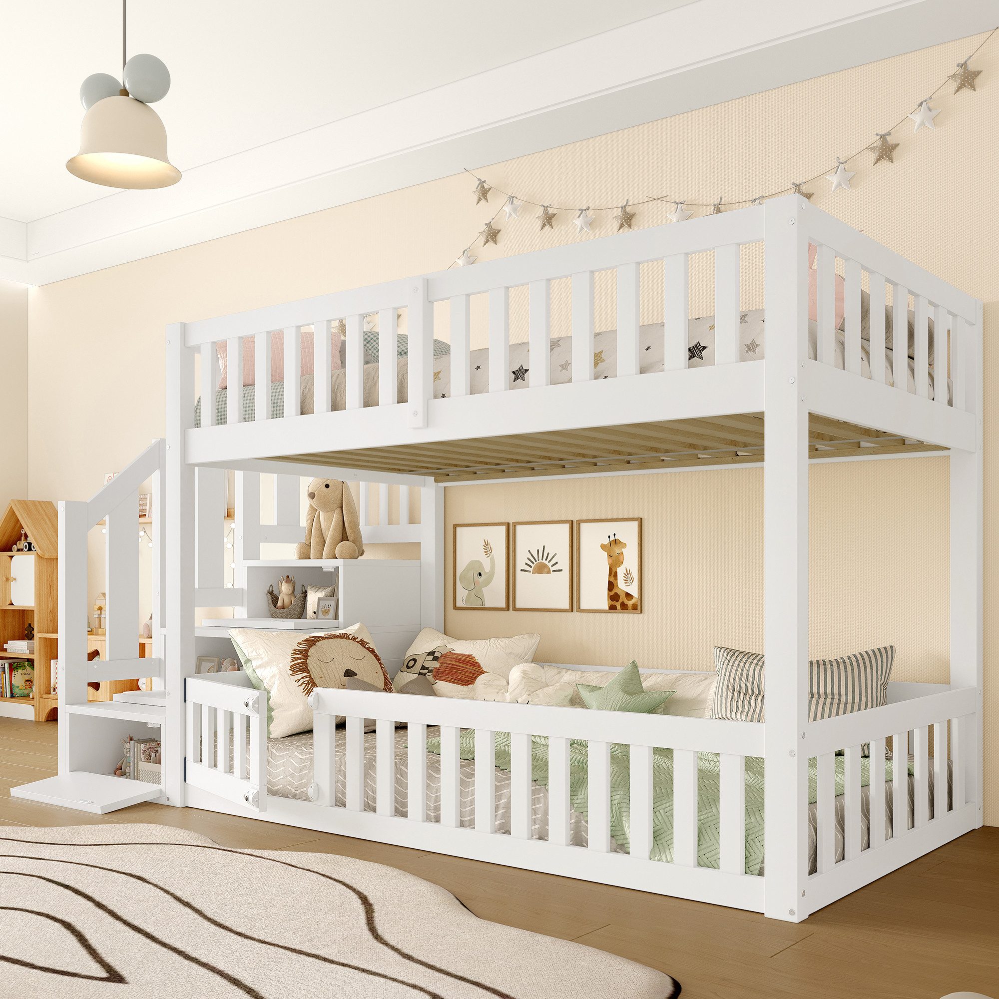 Flieks Etagenbett, Massivholz Kinderbett 90x200cm mit Stauraumtreppe & oberem Lattenrost
