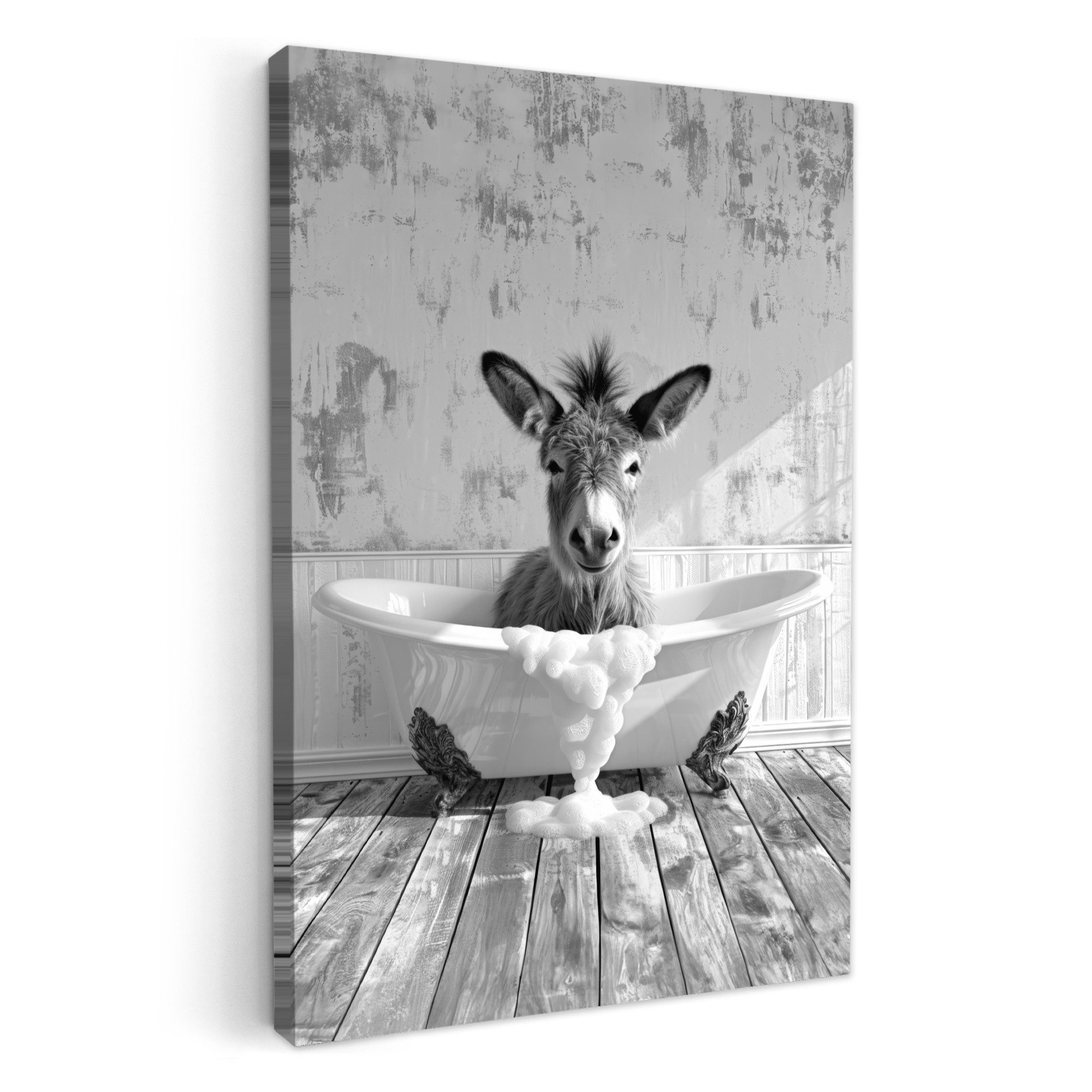 OneMillionCanvasses® Leinwandbild Esel - Tier - Vintage - Badewanne - Schwarz - Weiß, Fotodruck (1 St), Badezimmer Deko, Изображения WC, Toilette Wanddeko 20x30 cm
