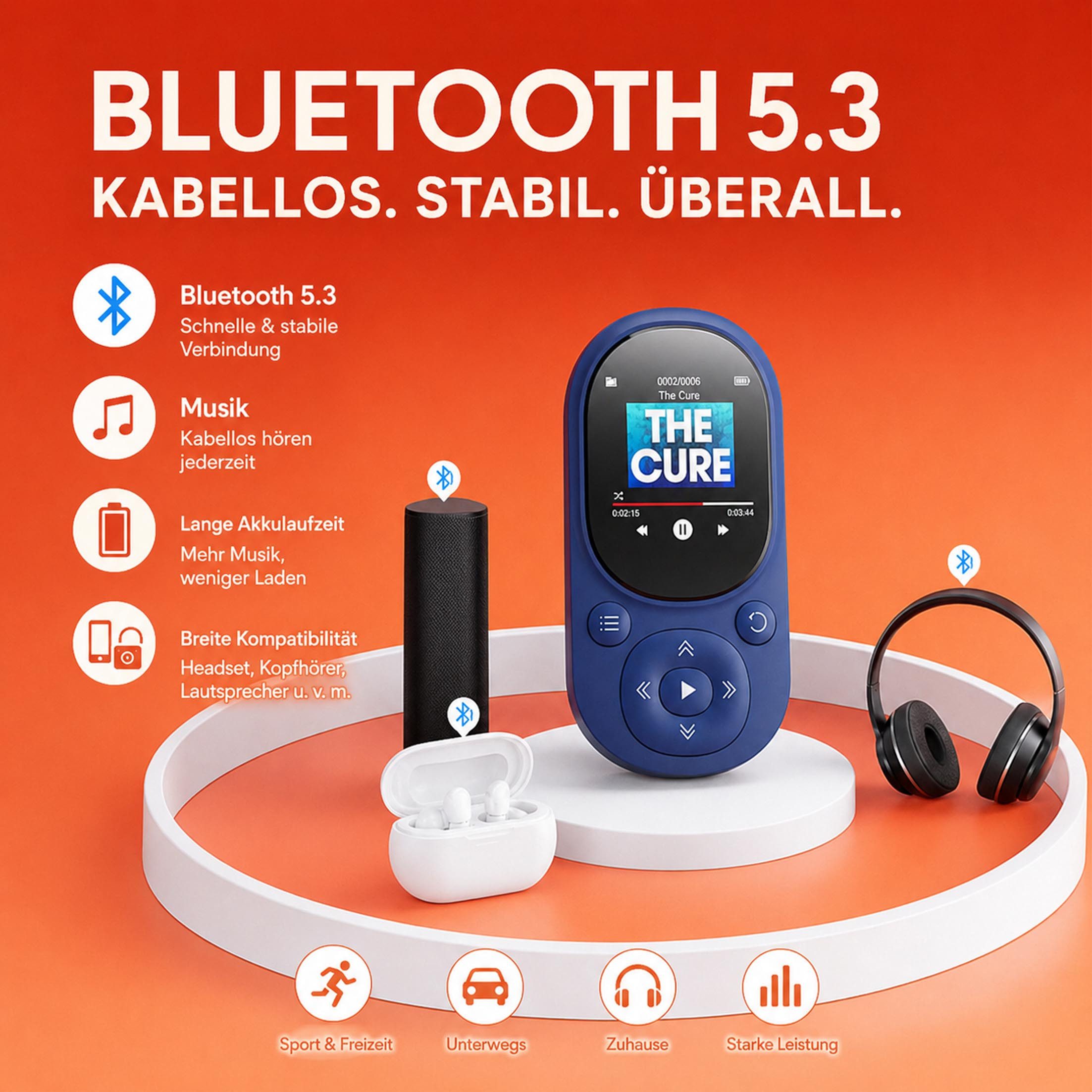 KINSI MP3 Player Bluetooth 5.3 64GB, Sport Musikplayer mit TFT Display MP4-Player (64 GB, Bluetooth, Unterstützt bis 128GB TF Karte, mit unabhängiger Lautstärketaste)
