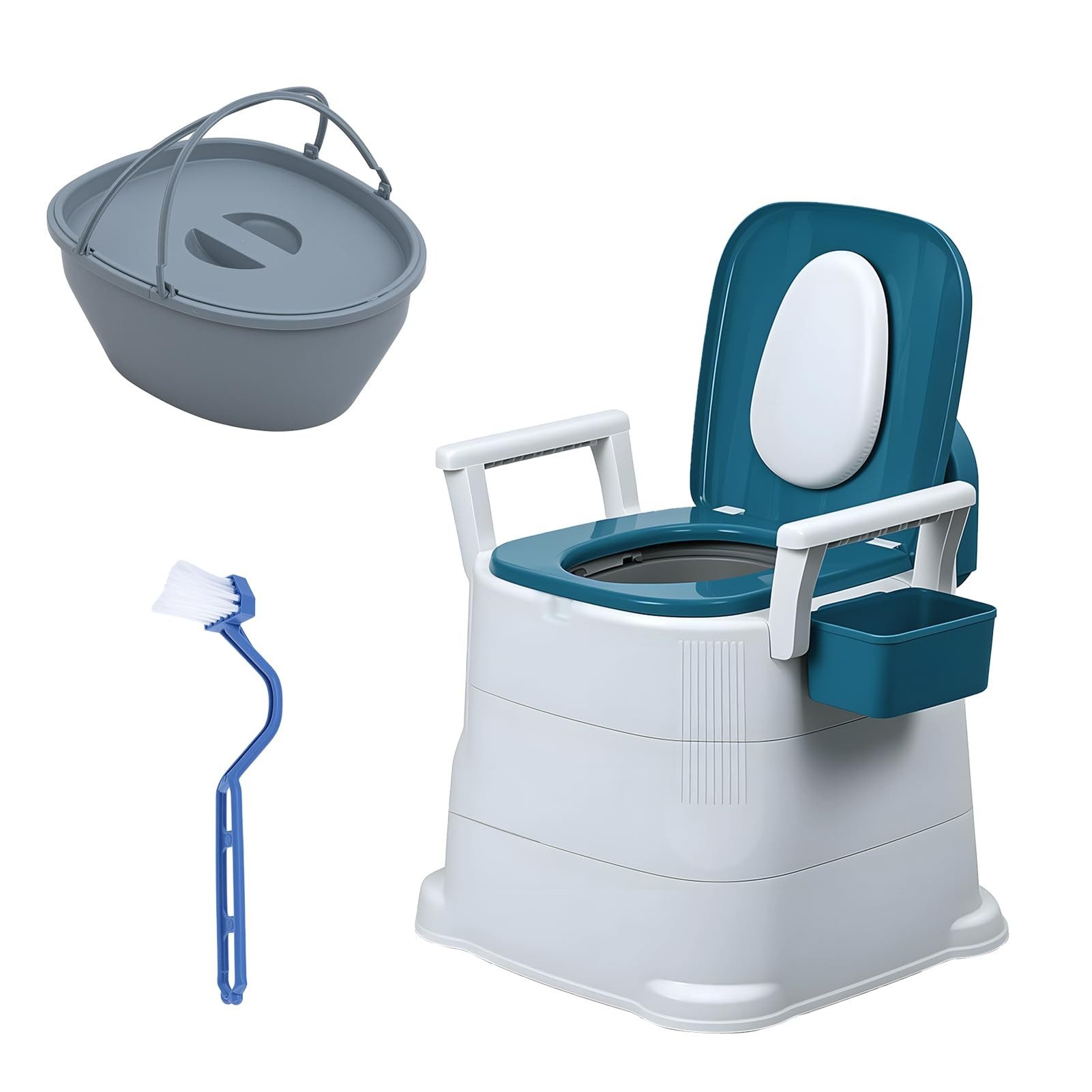 Rutaqian Toiletten-Stuhl Mobiler Nachttisch-Toilettenstuhl für Senioren Erwachsene,bis 150 KG, Campingtoilette mit Eimer,Tissue-Aufbewahrungsbox,Tragbare Duschstuhl