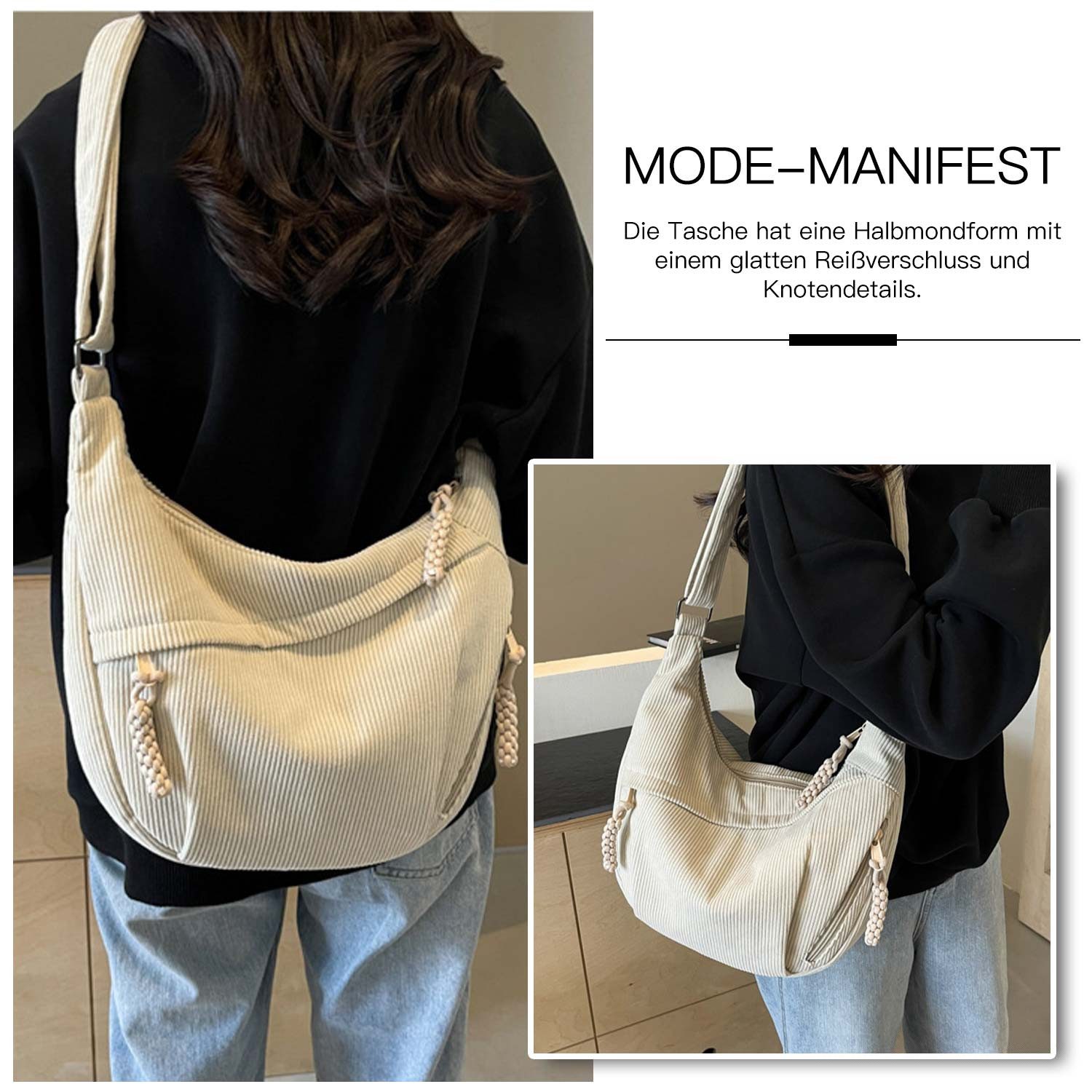 Refttenw Umhängetasche Halbmond Crossbody Bag Cord Hobo Tasche mit Reißverschluss, 35x22x7cm