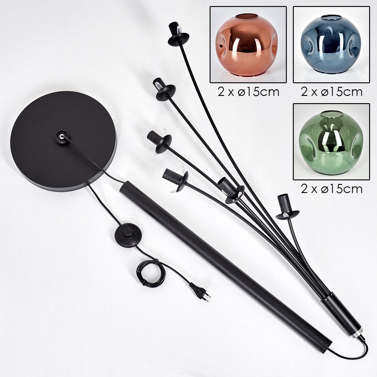 hofstein Stehlampe Stehlampe aus Metall/Glas in Schwarz/Kupfer/Blau/Grün mit Fußschalter, ohne Leuchtmittel, Stehleuchte im Retro/Vintage-Design mit Glasschirmen (15 cm), E14