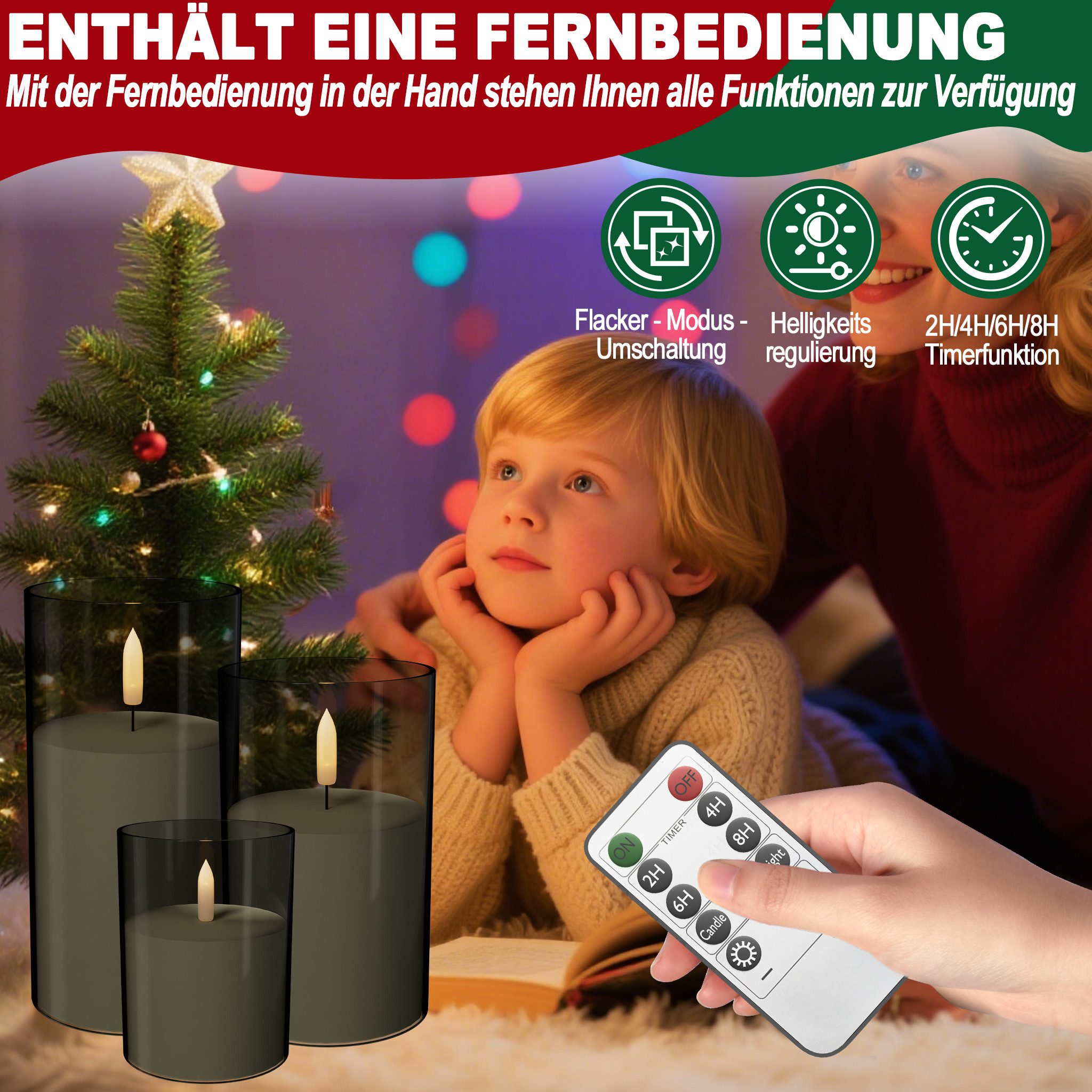 FIVMEN LED-Kerze 3 Stück LED Kerzen Flammenlosekerzen mit Fernbedienung Acryl Shell