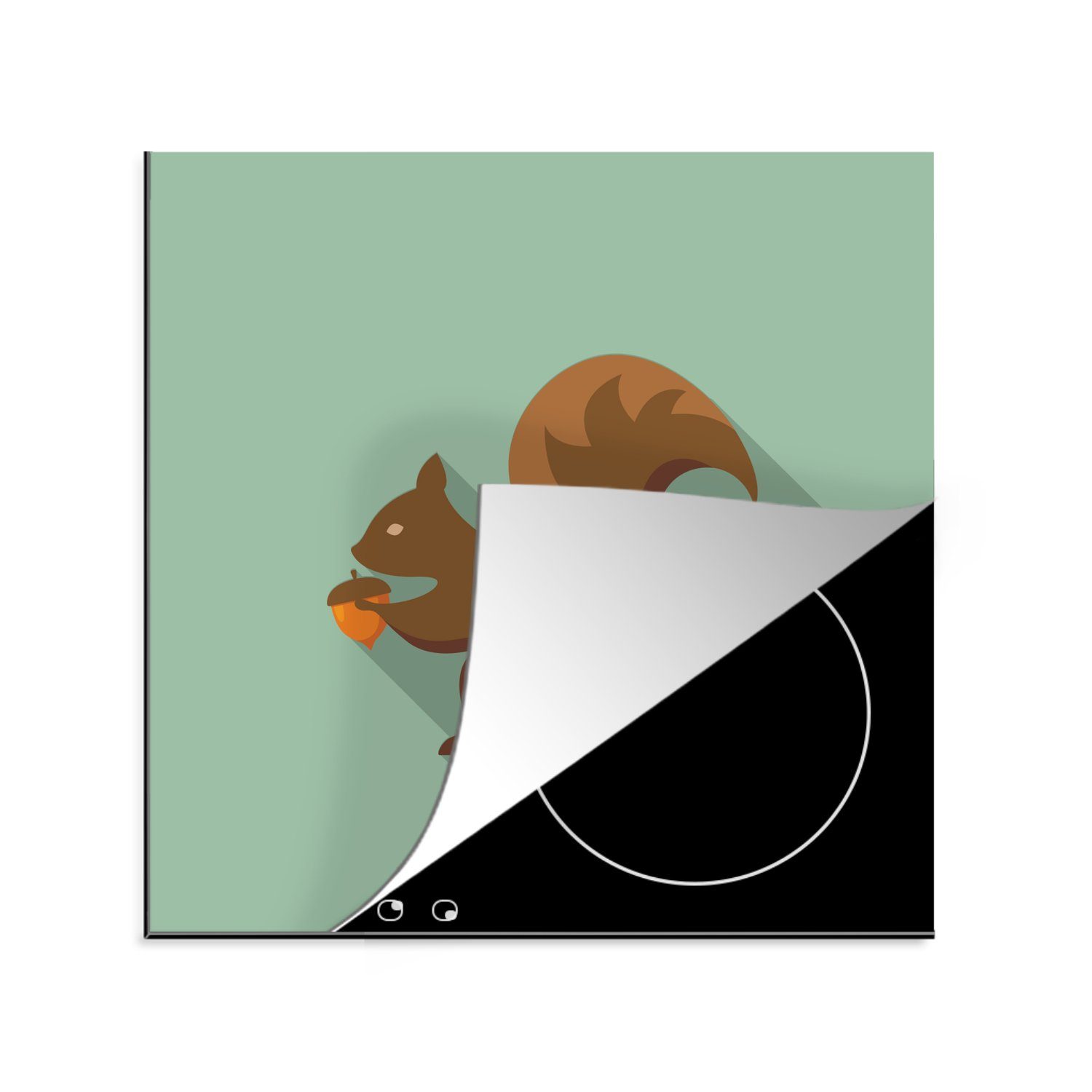 MuchoWow Herdblende-/Abdeckplatte Eine Illustration eines braunen Eichhörnchens auf blauem Hintergrund, Vinyl, (1 tlg), 78x78 cm, Ceranfeldabdeckung, Arbeitsplatte für küche