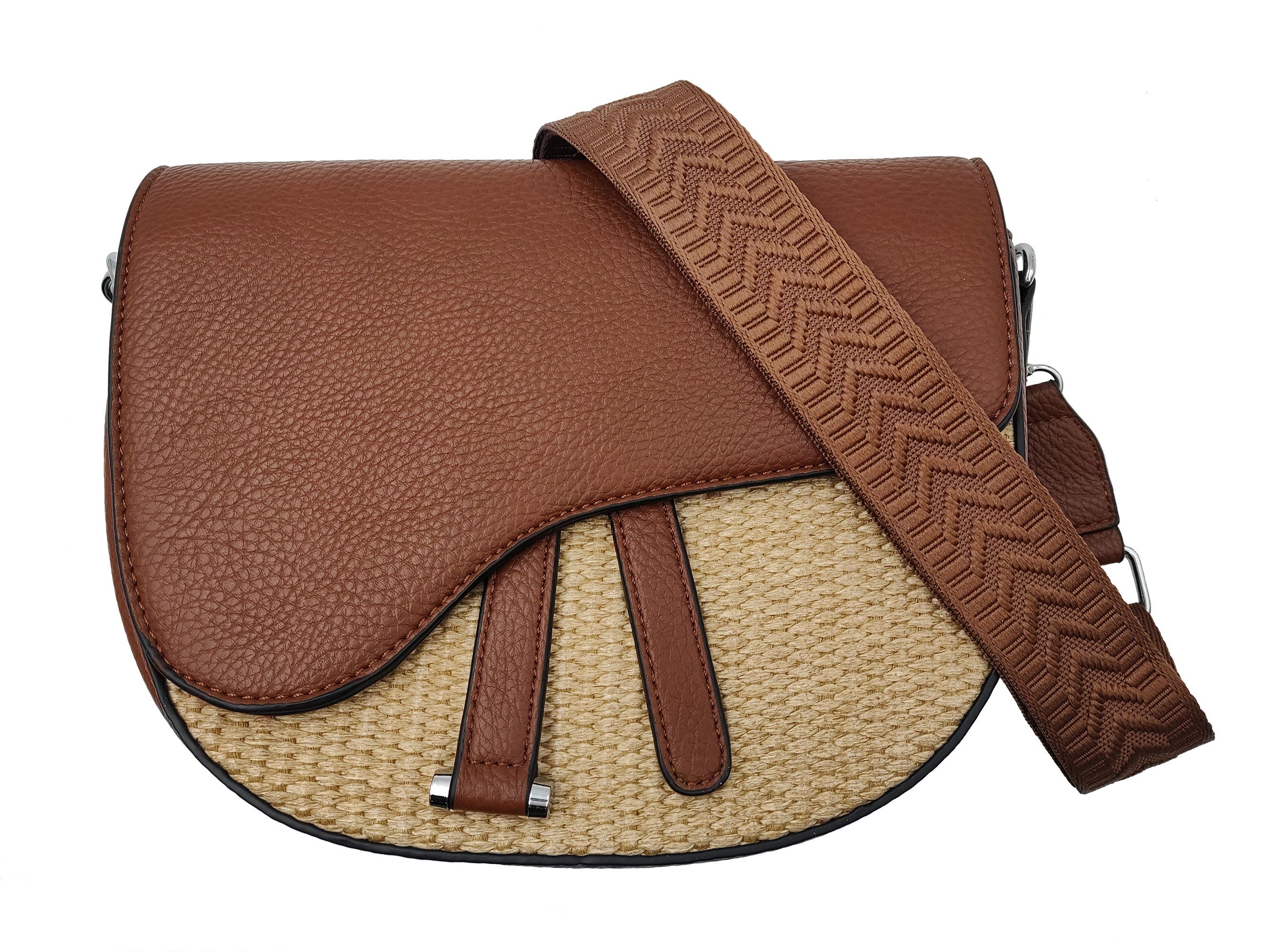 Cassandra Accessoires Umhängetasche Handtasche, Saddlebag "Marit", Kunstleder kombiniert mit Bast-Optik