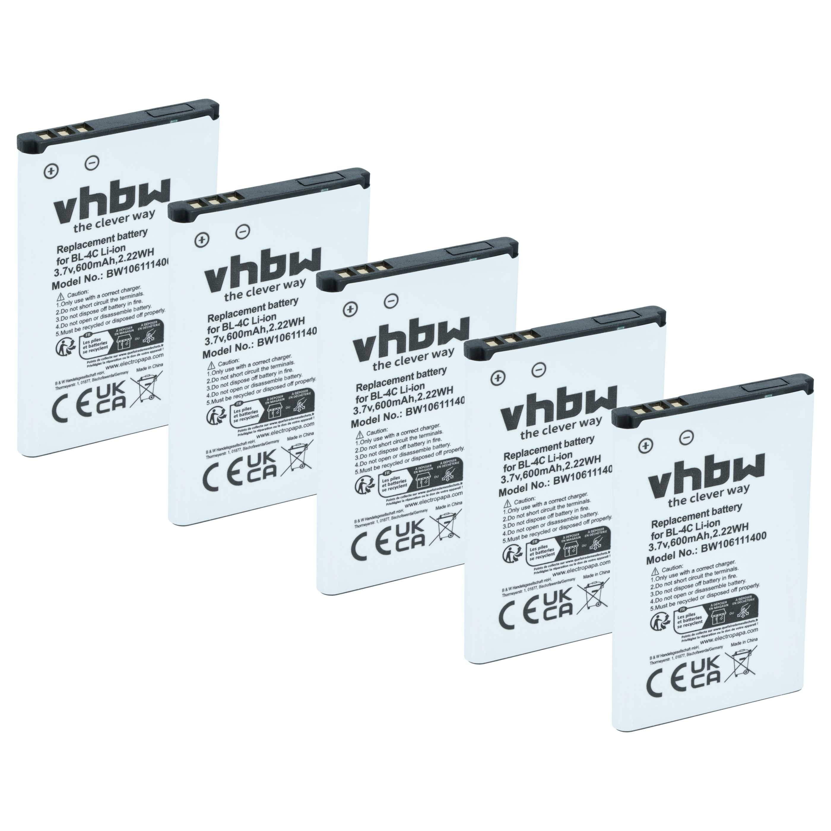 vhbw Akku passend für MaxCom MM821BB, MM821, MM820BB, MM715, MM823, MM820, Smartphone-Akku Akku Li-Ion 600 mAh (3,7 V, 5 St), Leistungsfähige Austausch-Akkus für Telefon, Smartphone