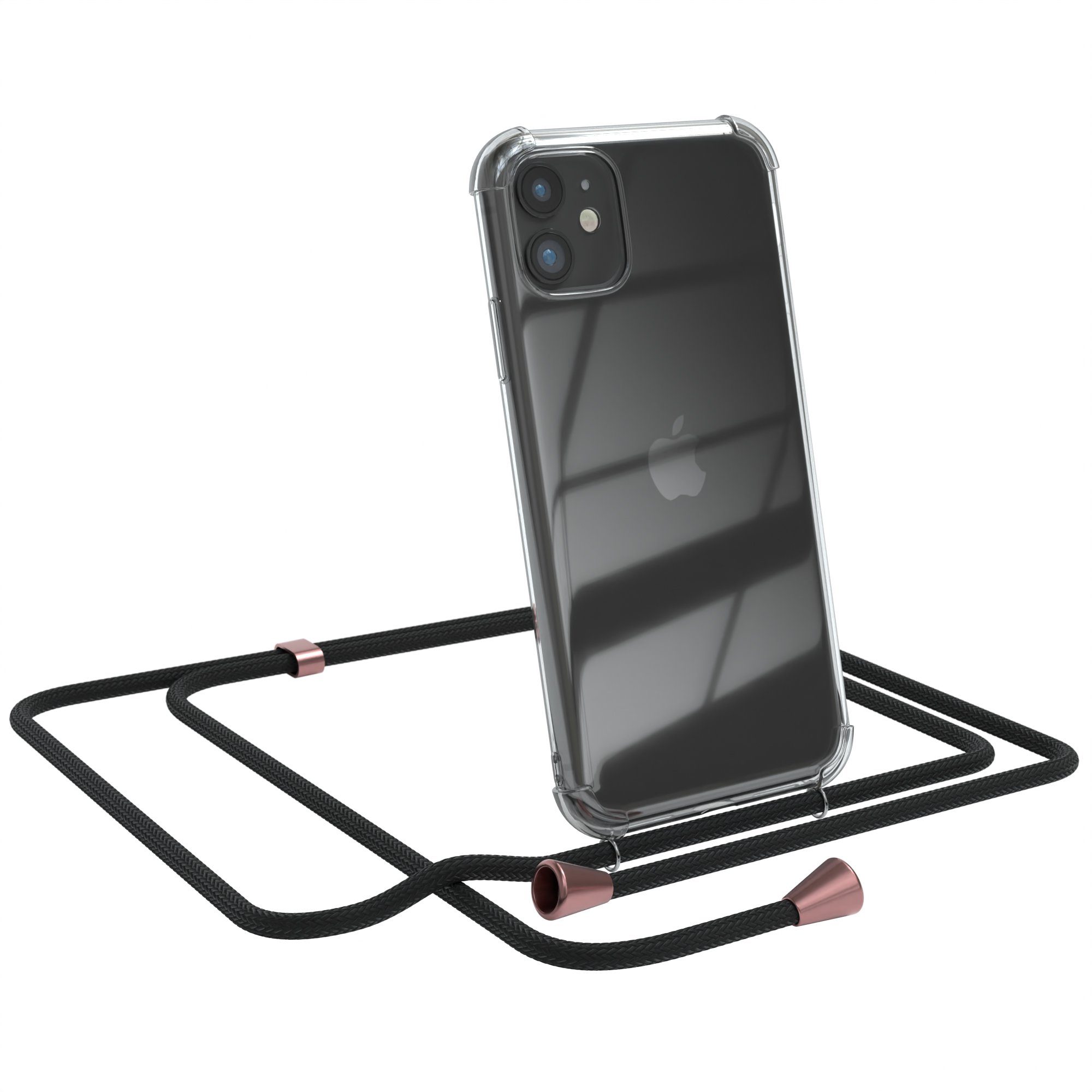 EAZY CASE Handykette Hülle mit Kette für Apple iPhone 11 6,1 Zoll, Handykordel Smartphonekette für Unterwegs Festivalbag Schwarz Rosé