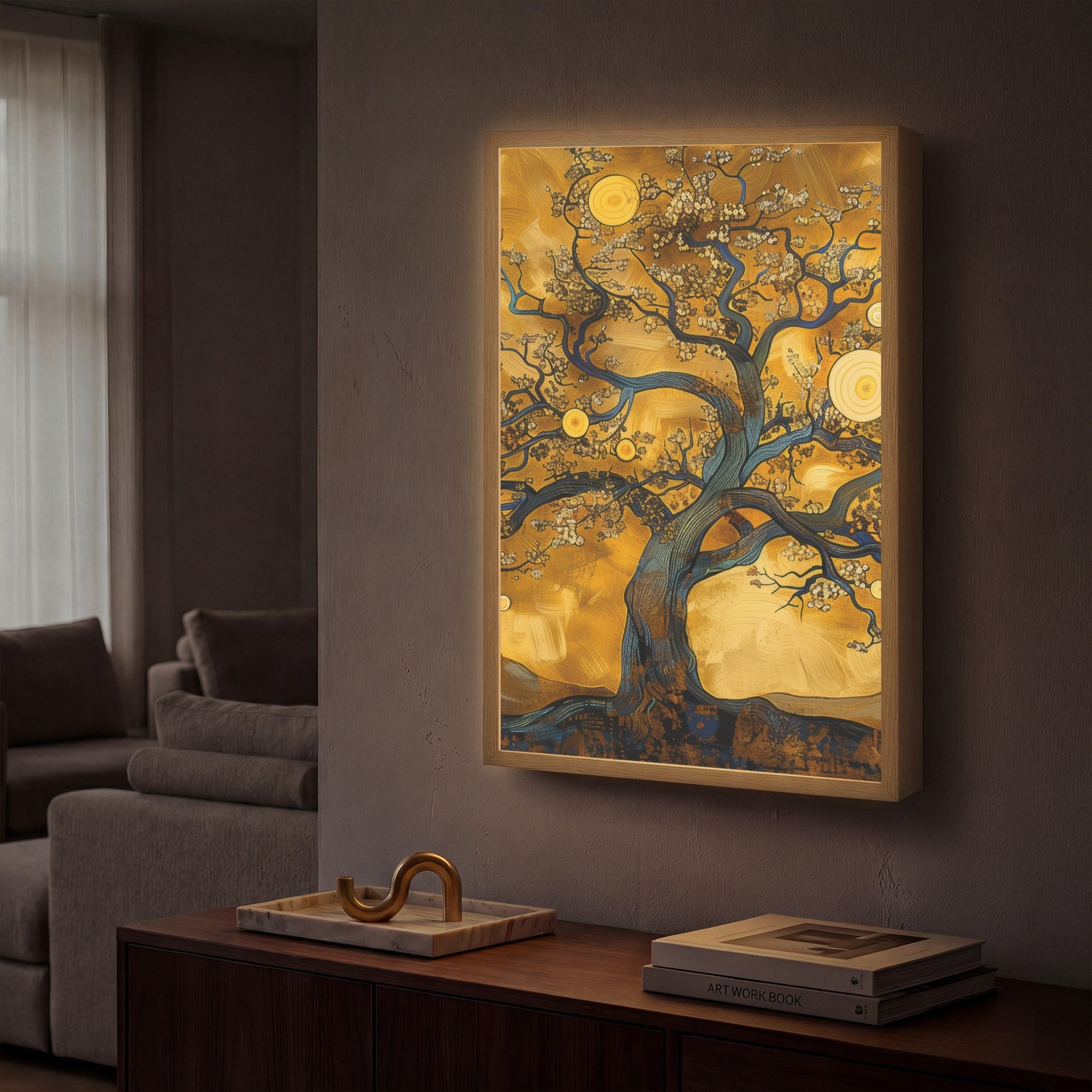 OnlyWow Wandleuchte Lightbox Baum - Baum des Lebens - Abstrakt - Gold, Dimmbar, Farbwechsel, LED, Warmweiß, Kaltweiß, Neutralweiß Einstellbar, Wandlampe Innen, Dimmbar, Aufladbarer USB Akku, LED, Beleuchtung