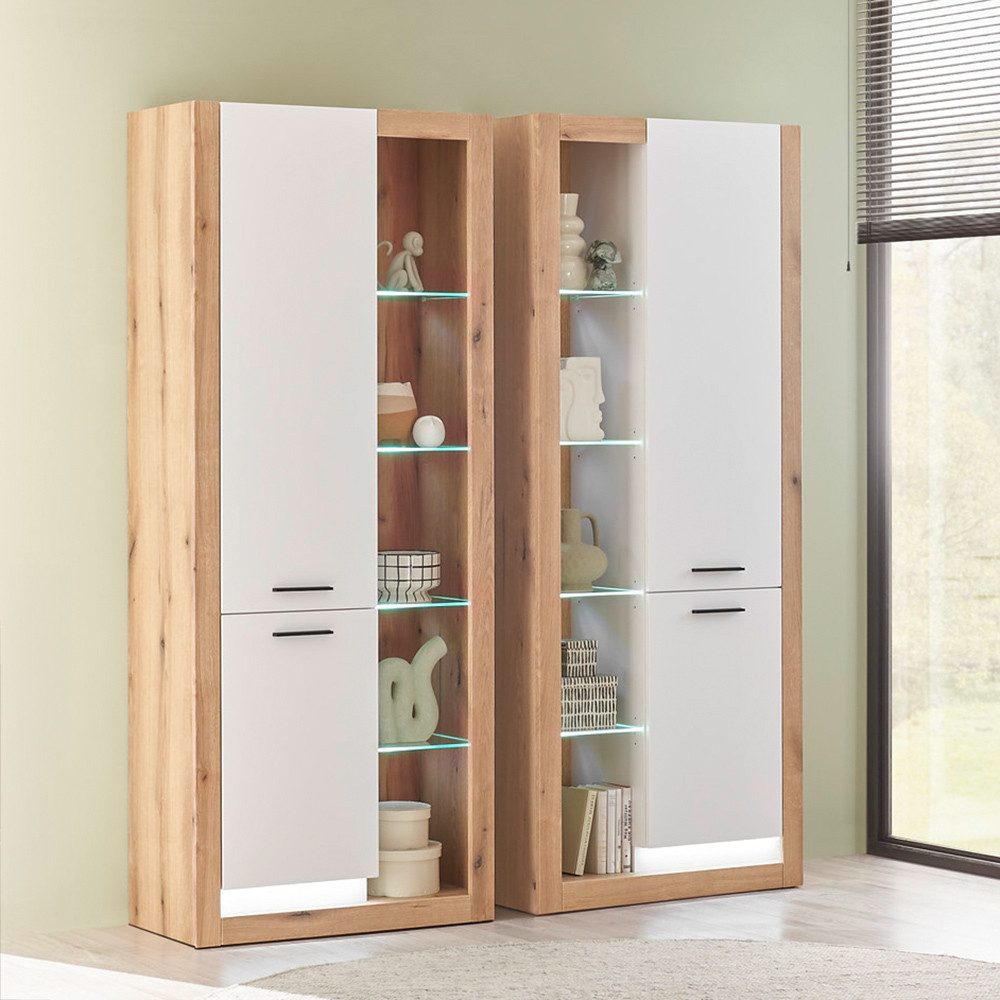 Lomadox Vitrine BELLAGIO-61 Wohnzimmerschrank in weiß mit Eiche 80 cm breit mit Glaseinlegeböden