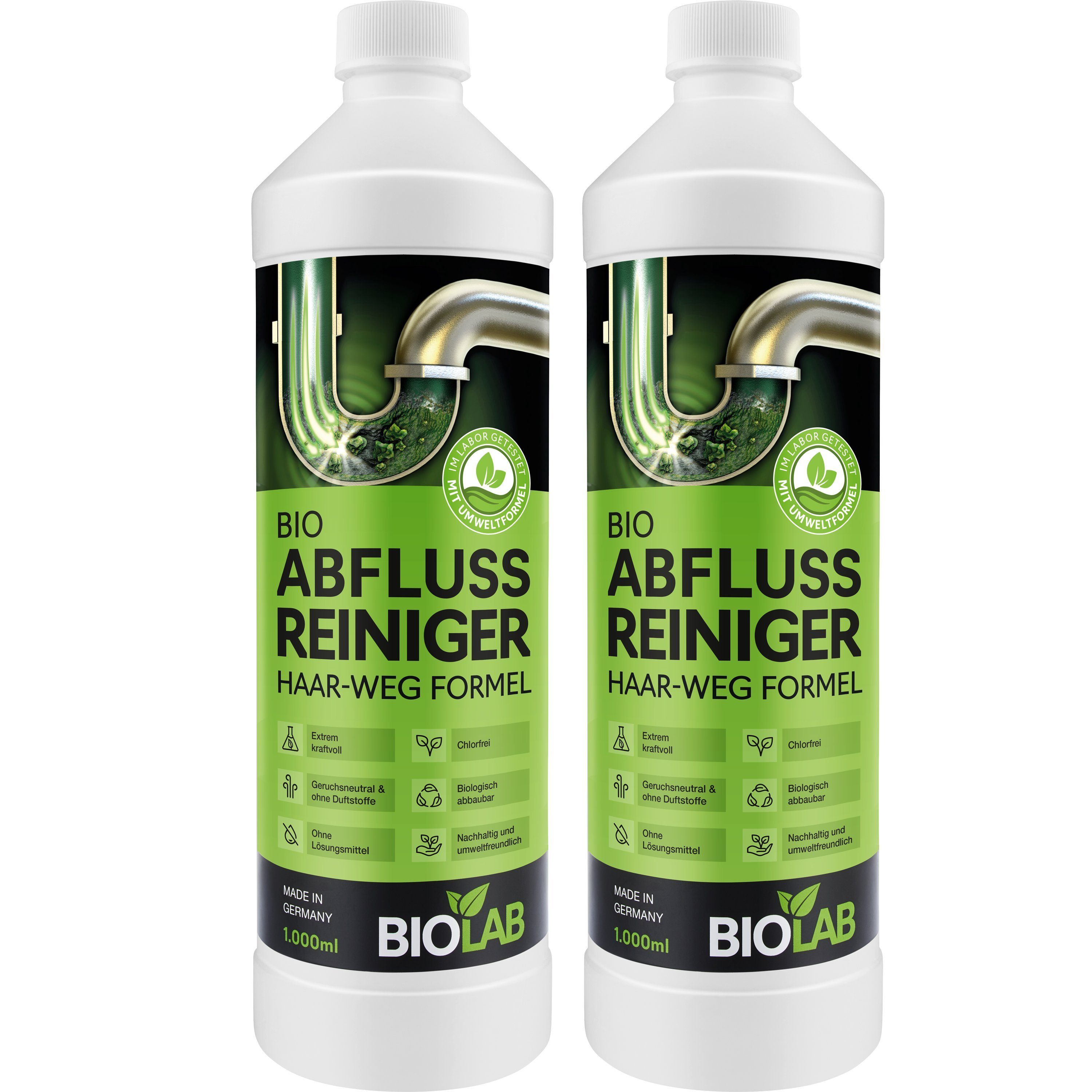 BIOLAB Abflussreiniger Rohrreiniger (mit Haarweg Formel, [2-St. 2 x 1000 ml  reichen für bis zu 20 Anwendungen)