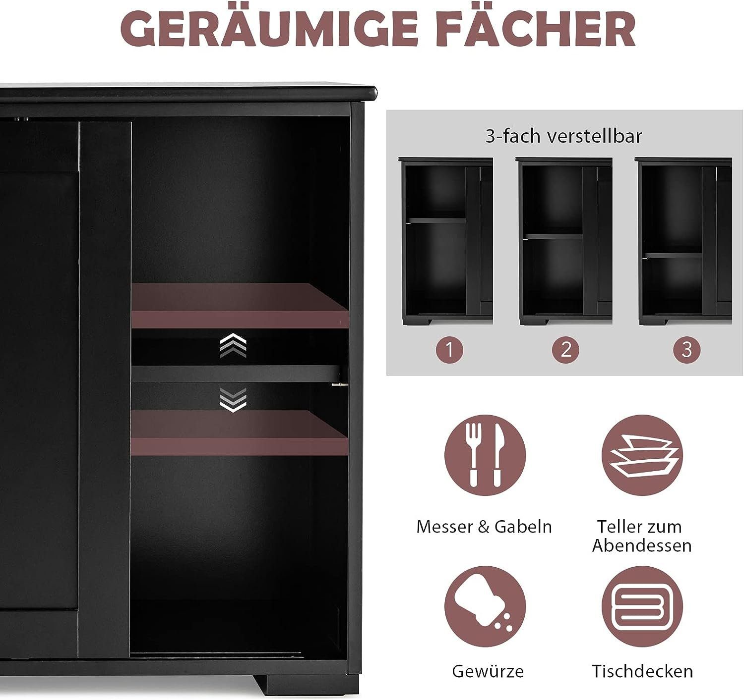 KOMFOTTEU Sideboard Küchenschrank Wohnzimmerregel, Unterschrank mit Schiebtüren