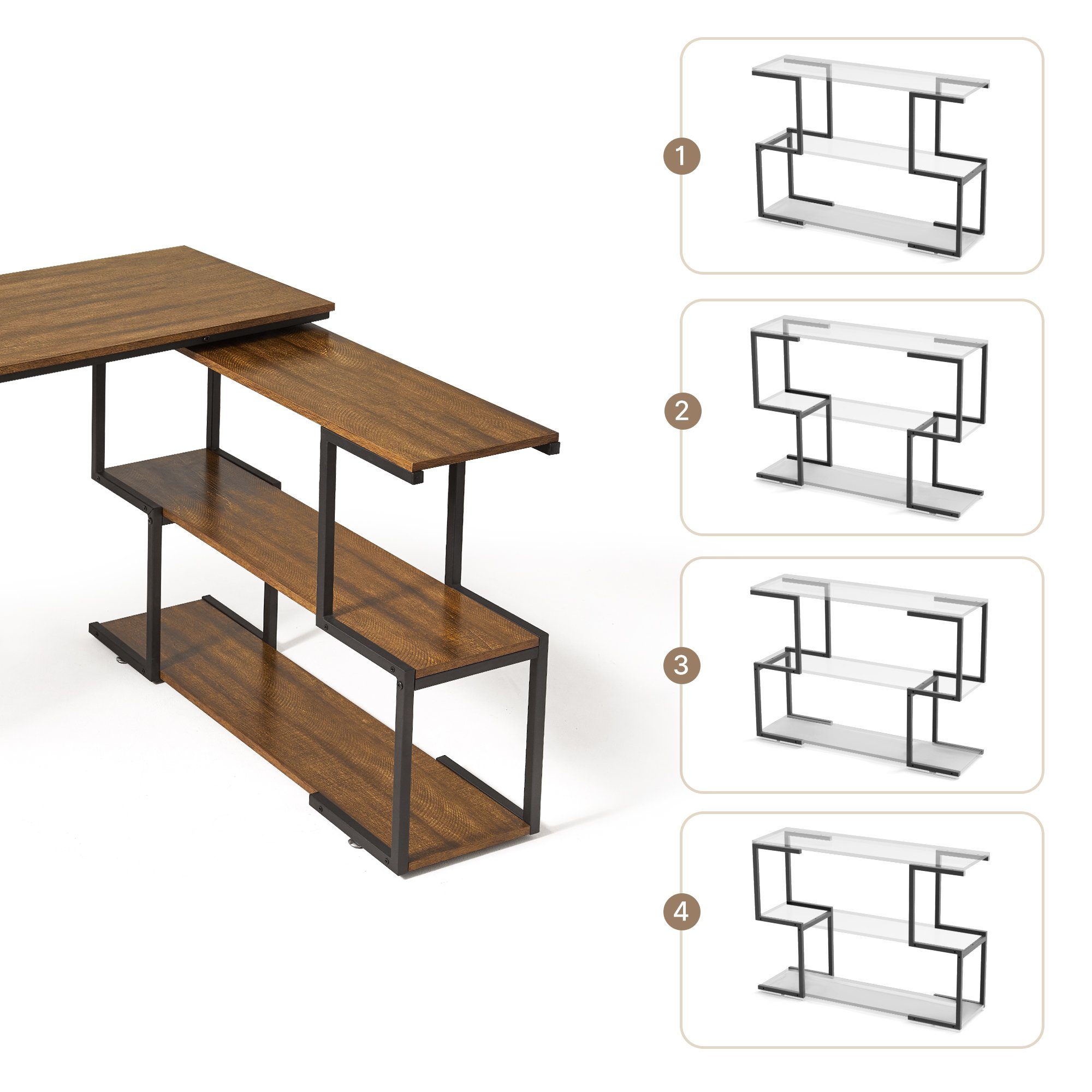 Regale, L-förmig Schwarz Eckschreibtisch Mondeer Braun mit 2 und 360 Vintage Computertisch, S-Regal, Höhenverstellbare Drehbarem Grad