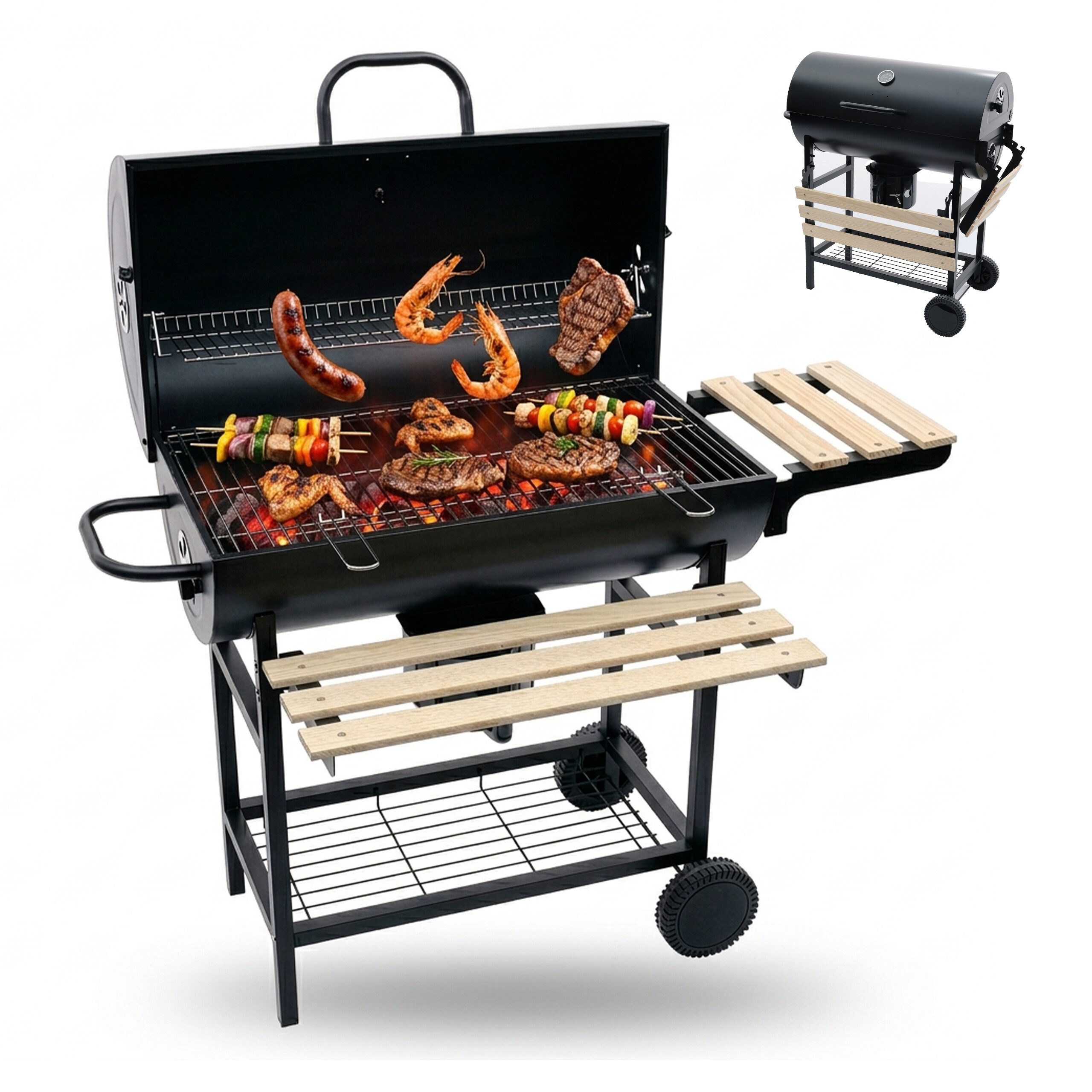 relaxdays Holzkohlegrill Grillwagen mit Deckel