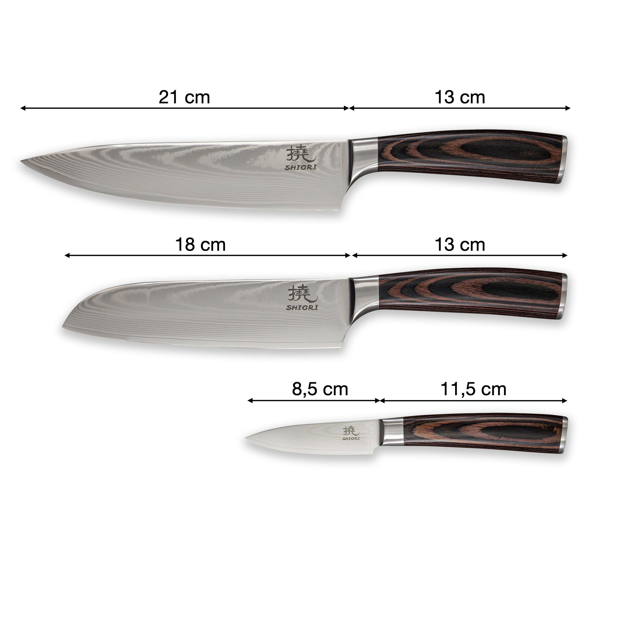 21, & mit cm Set 3 Shiori Messern Klingenlängen 18 Damastmesser, 8,5 -