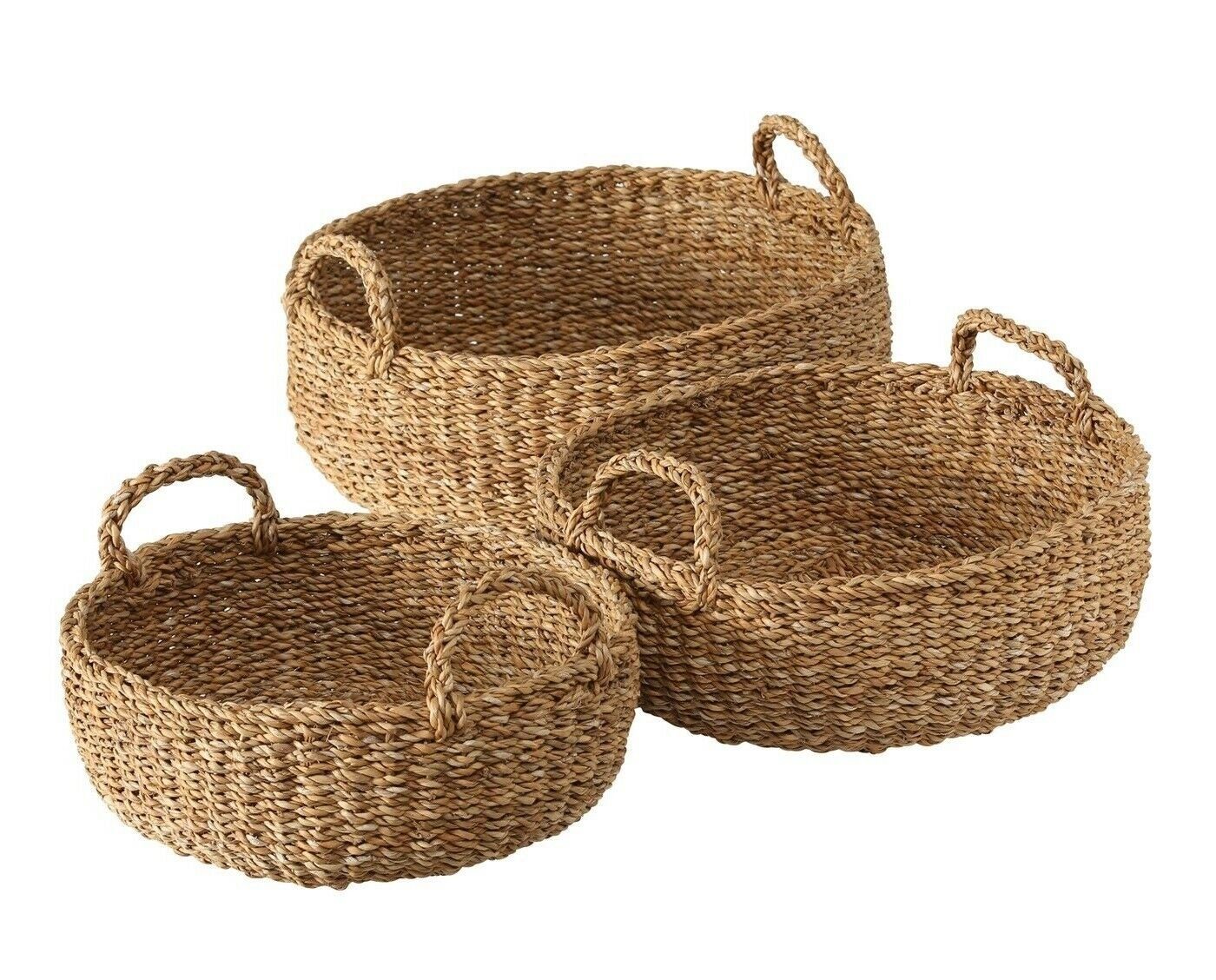 Meinposten Aufbewahrungskorb 3 Körbe rund Korb Seegras Aufbewahrungskorb Dekokorb mit Griffen natur braun (Komplett-Set, 3 St., 3er Set), Klein: 38 x 16 cm Mittel: 44 x 17 cm Groß: 50 x 18 cm